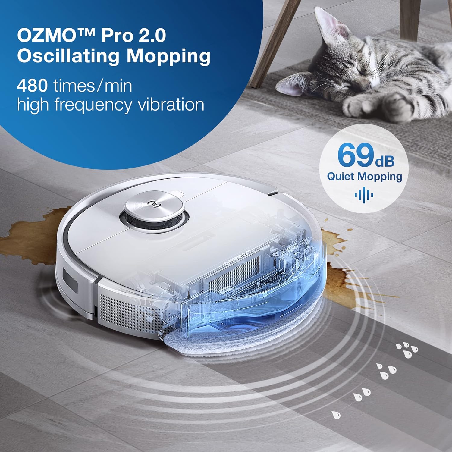 ECOVACS DEEBOT T9 performing OZMO Pro 2.0 oscillating mopping on a tiled floor, showing water being dispensed and the mop vibrating. A cat is sleeping in the background, indicating quiet operation at 69dB.