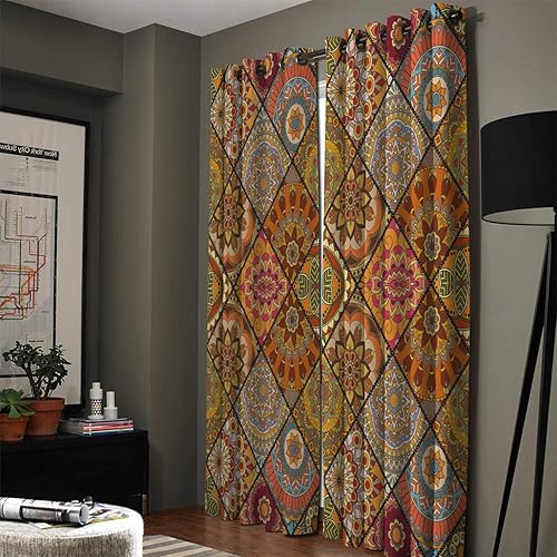 Miniatura 2 de FortuneHouse Blackout Curtains Thermal Insulated Ethnic Style Orange Square Pattern Solid Pattern Metal Grommet Elegant Room Drapes Window Curtain