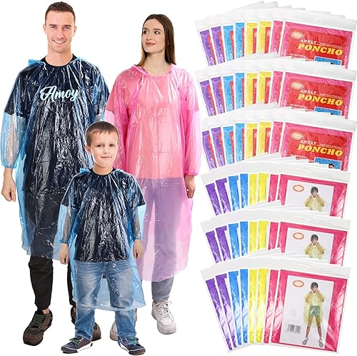Jiuguva Paquete de 48 ponchos desechables para la familia, capa gruesa de lluvia de emergencia con capucha con cordón para niños y adultos,