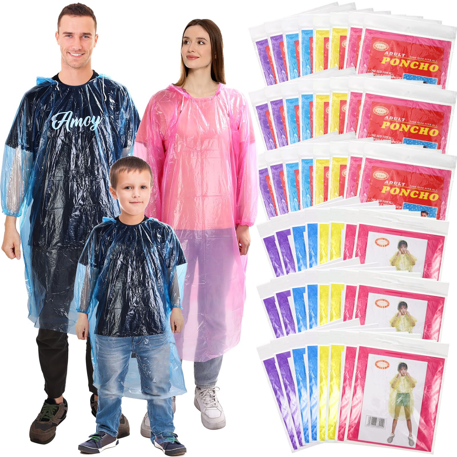 48 Pack Disposable Poncho Family Rain Ponchos Thick Emergency Rain Coat with Drawstring Hood for Kids Adults Outdoor Amusement, Multicolor(Multicolor)-image-39