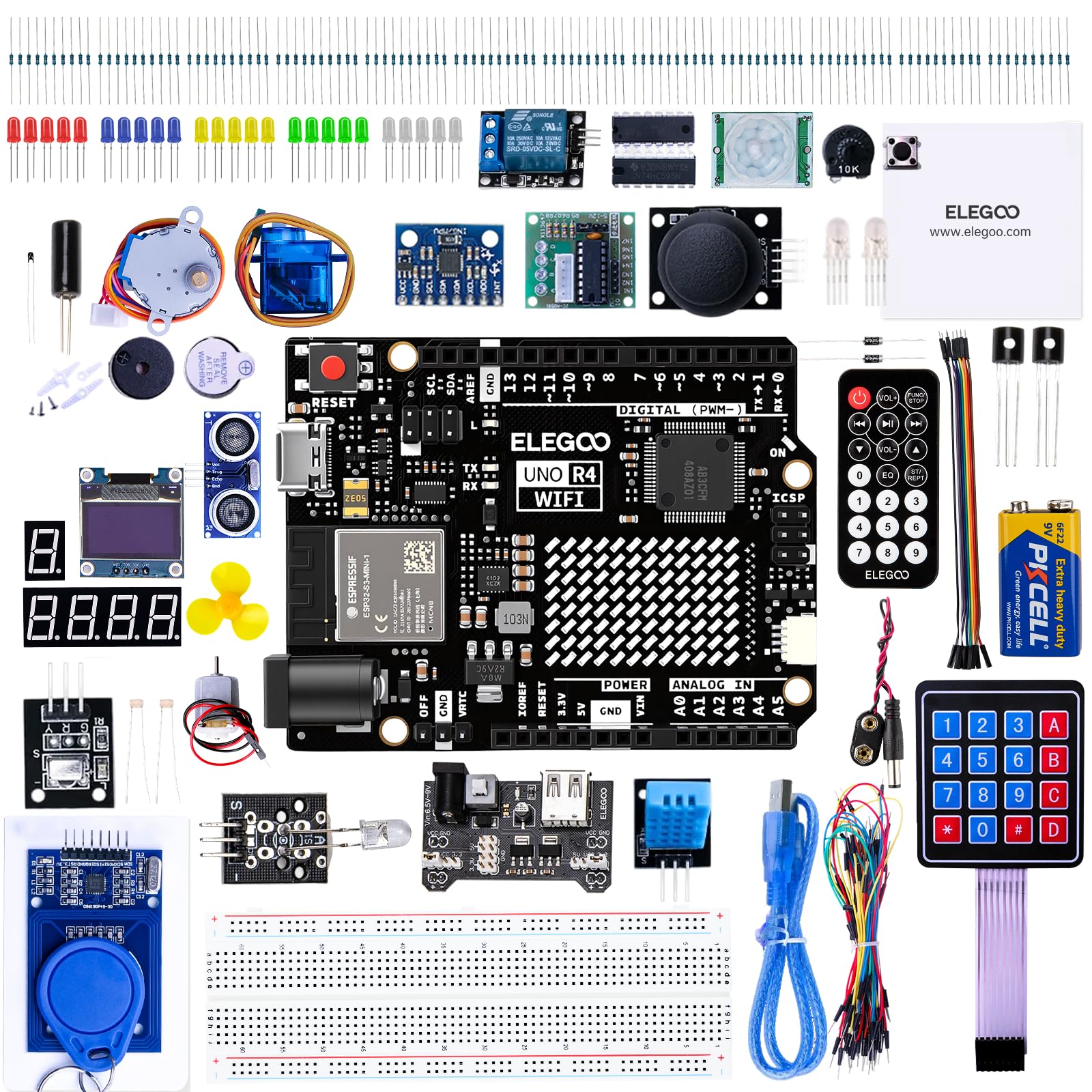 ELEGOO UNO R4 Super Starter Kit Compatible with Arduino para Principiantes | 48 MHz Procesador, más de 200 componentes, STEM kit de electrónica y programación, tutoriales en línea, para estudiantes