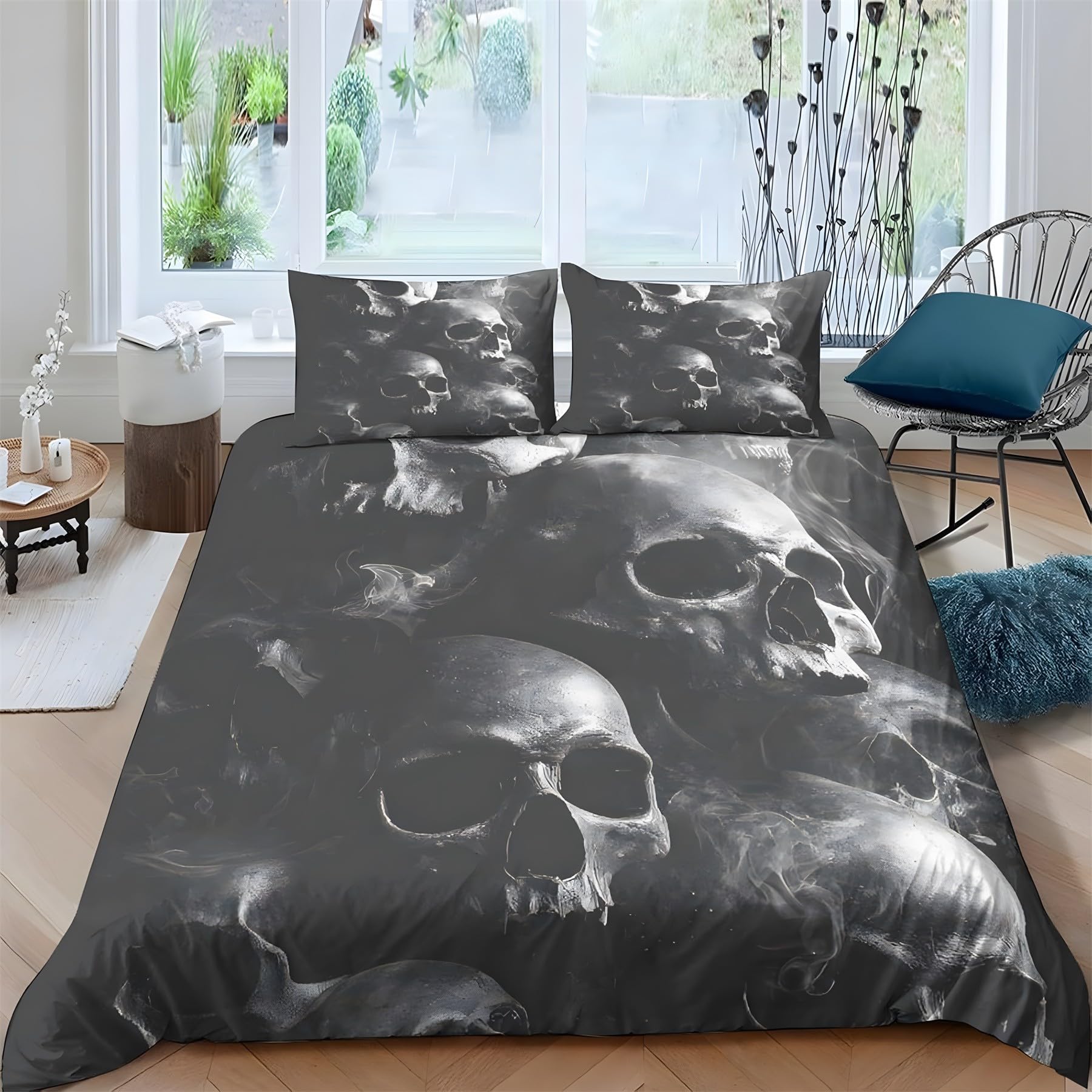 Parure de Lit 200x200 Crâne Noir Gris Microfibre Doux avec Taies