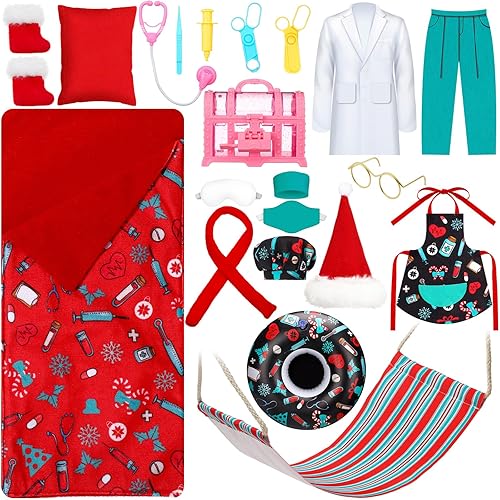 Miniatura 7 de Juego de 13 piezas de accesorios de muñeca elfo de Navidad, ropa de elfo en ropa, dona, traje de dona, bufanda, saco de dormir, suéter, albornoz,