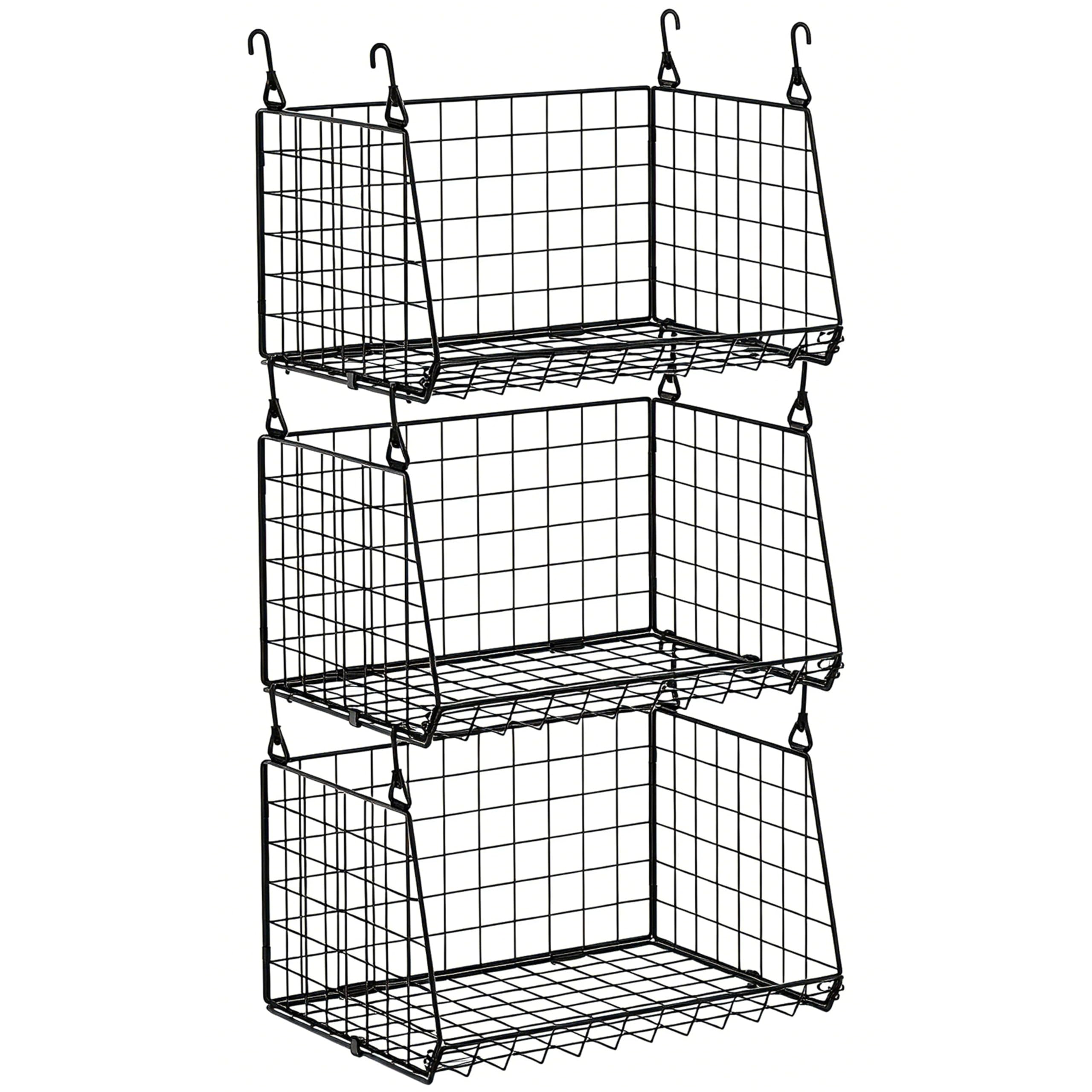3-Pack Hanging Laundry Room Organizaton：Foldable Laundry Basket Wire Basket with 360°Rotating Hooks Small Space Organization Over Washer and Dryer Shelves - Hanging Closet Organizer, Black Patent