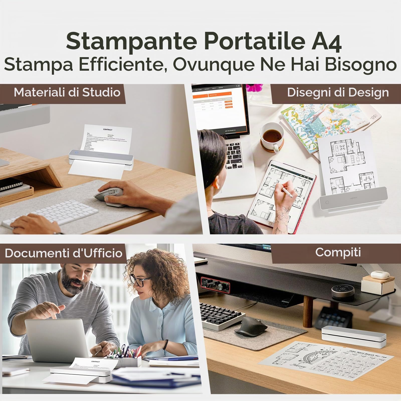 HPRT Stampante portatile wireless per viaggi, supporta 8,5 x 11 US Letter&A4 carta termica A4, stampante termica Bluetooth senza inchiostro 300 DPI, compatibile con telefoni e laptop Android e iOS