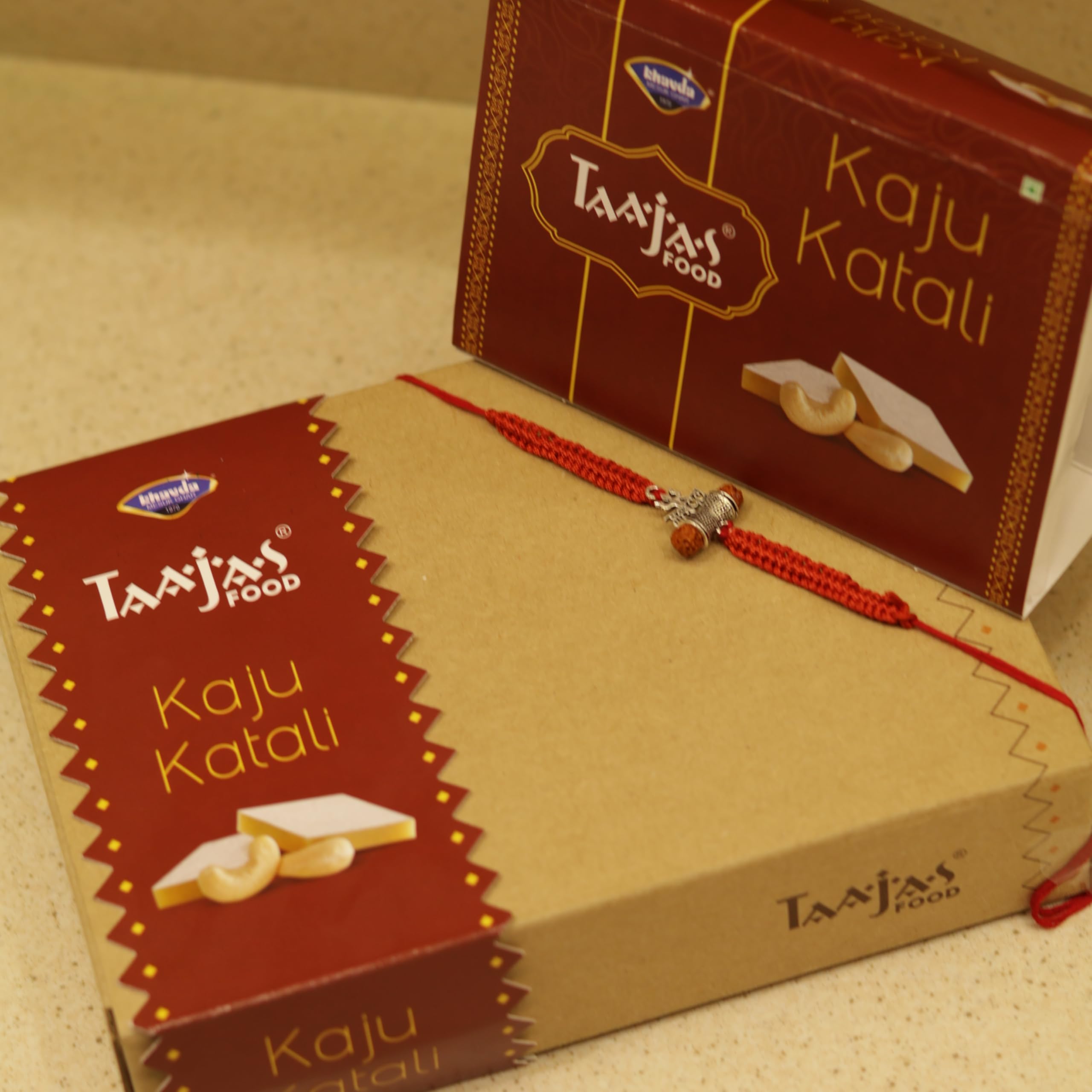 TAAJAS FOOD Kaju Katli (250g) with 925 Pure Silver Rakhi | Indian Mithai Made with Finest Cashews | Rakhi Gift Hamper for Brother | Festive Sweet Box for Celebration