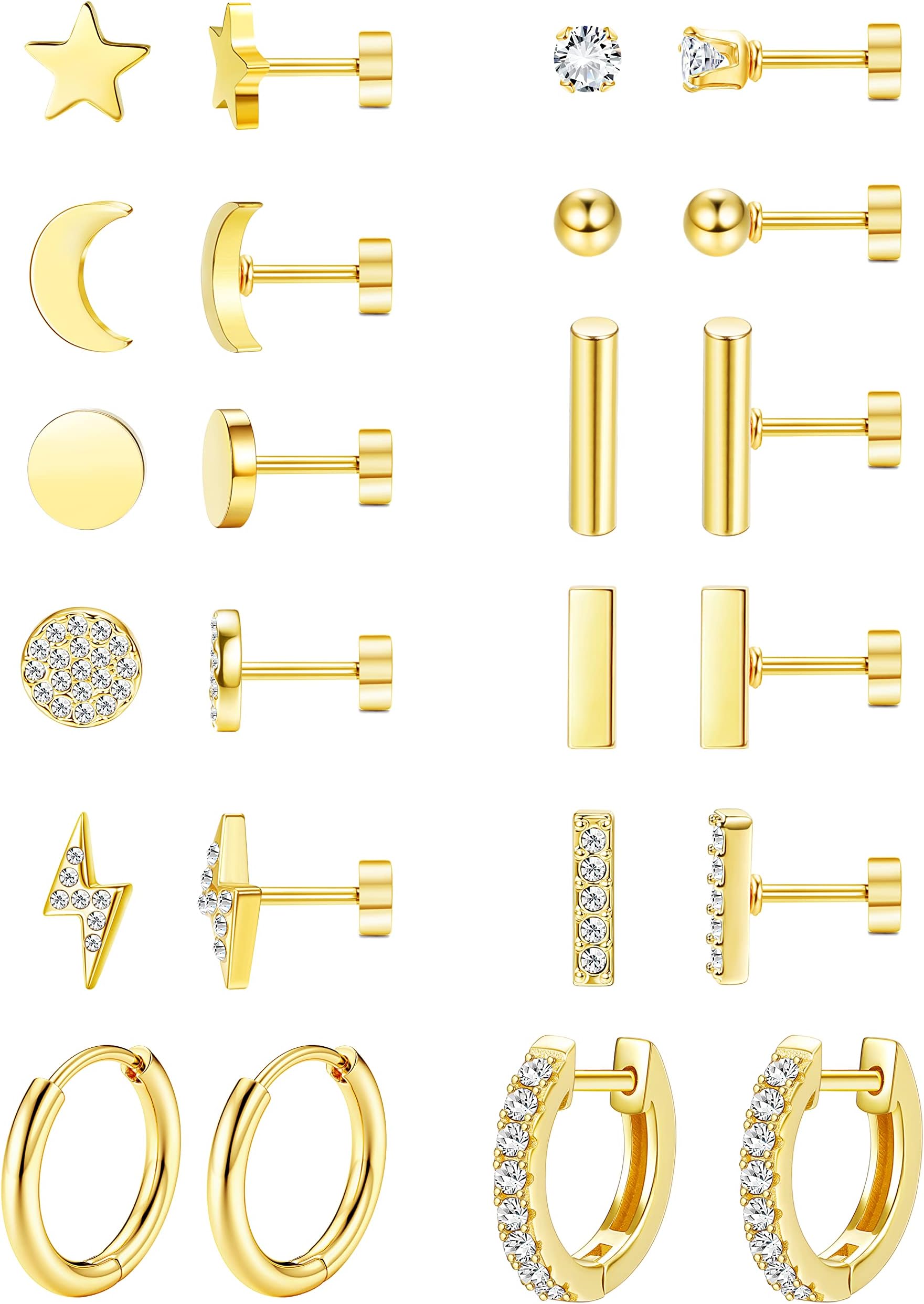 FASACCO12Pairs Flat Back Earrings for Women Men Hypoallergenic 14K Gold Plated Stainless Steel Flatback Stud Small Huggie Hoop Earrings 20G Tiny Gold Stud Earring Sets for Multiple PIercingCarbonfree Certified