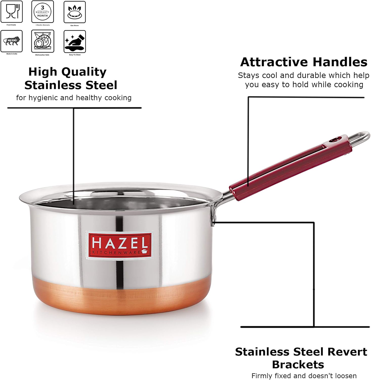 HAZEL Stainless Steel Milk Saucepan Copper Bottom Tea Pan with Fixed Rubber Grip Handle, 1900 ML, Silver