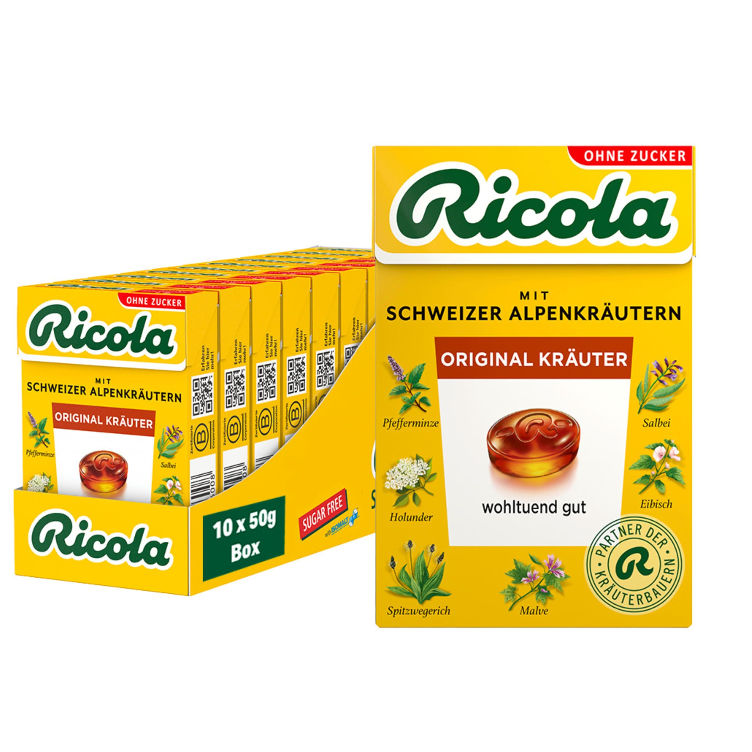 Ricola Original Kräuter, 10 Böxli Original Schweizer Kräuter-Bonbons mit 13 Schweizer Alpenkräutern & Menthol, zuckerfrei, 10 x 50g, vegan