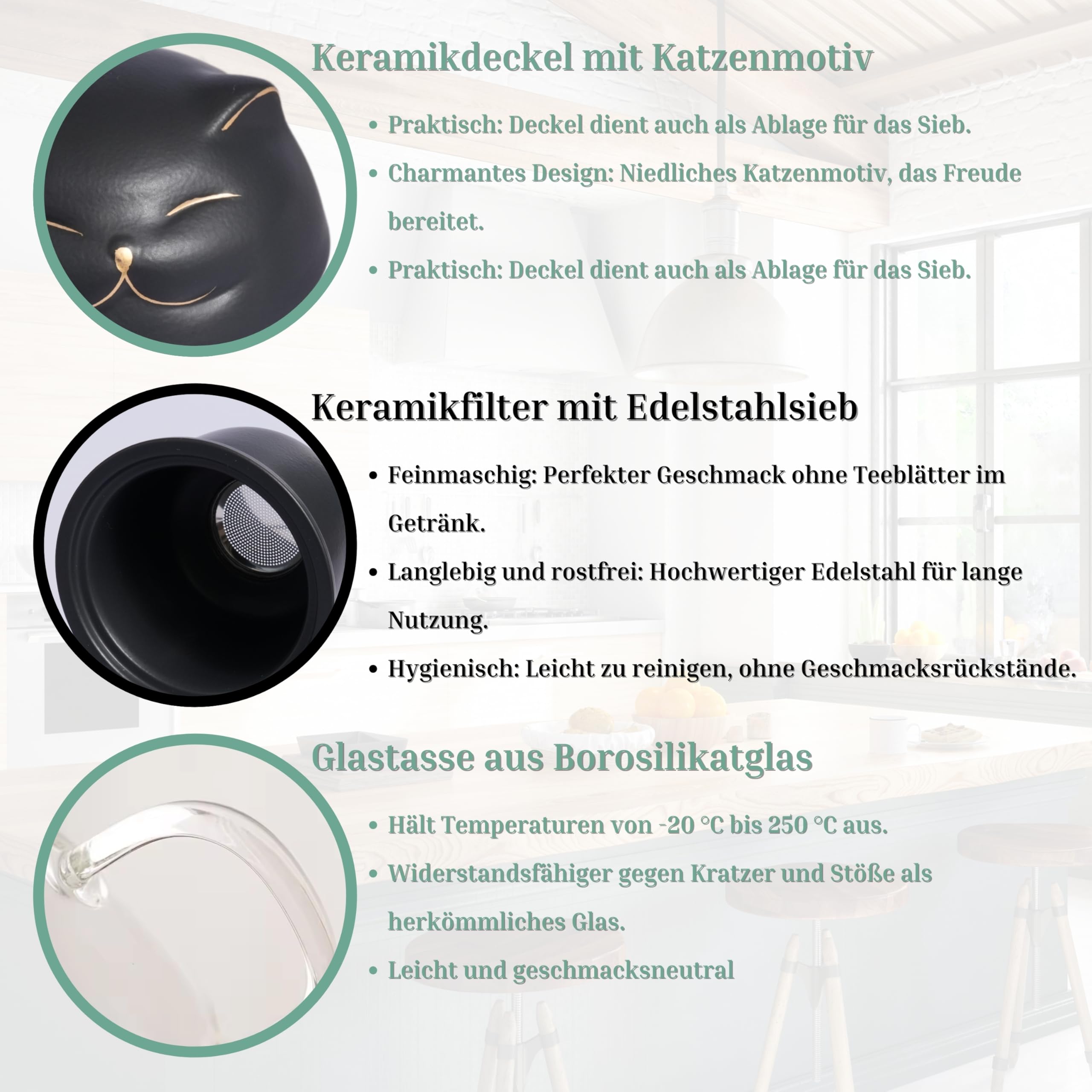 Kicura Glazen theekop met zeef en deksel, kattendesign, 420 ml, voor