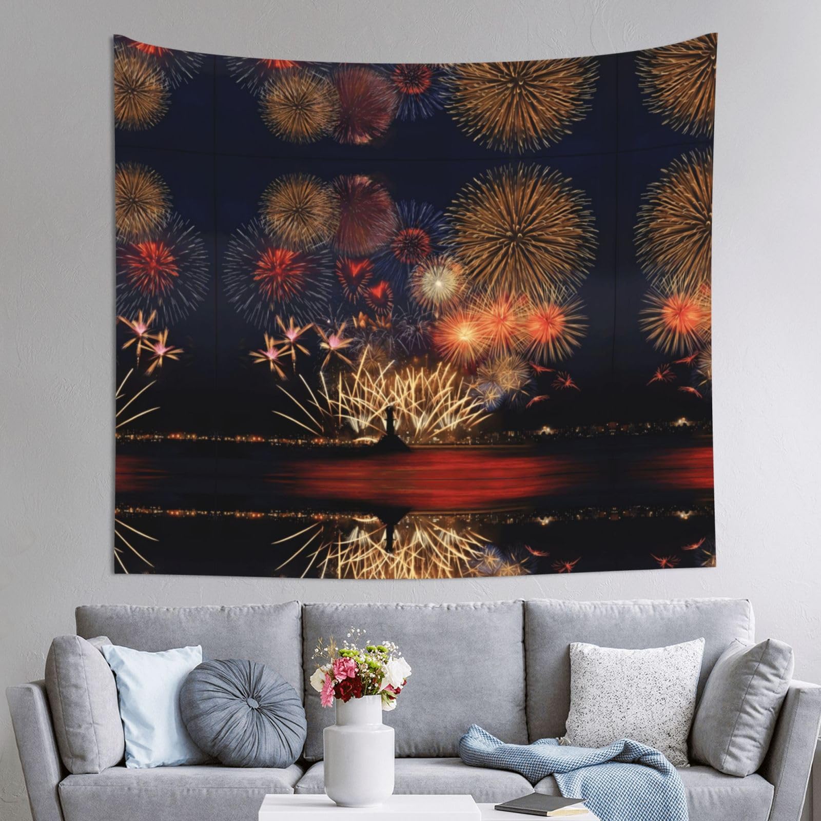 HLSBSSL 60x51in Fireworks Printed Tapestry Tablecloth for Dormitory and Picnic Rooms - Multifunctional Fabric Hanging