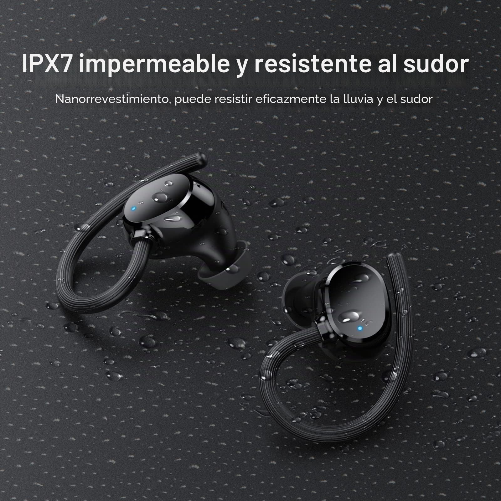 Auriculares Inalambricos Deportivos, Auriculares Bluetooth 5.3 con HD Mic, 48Hrs de Reproducción,Carga Rápida USB-C, Pantalla LED, IP7 Impermeable Cascos Inalambricos con Gancho de la Oreja(Negro)