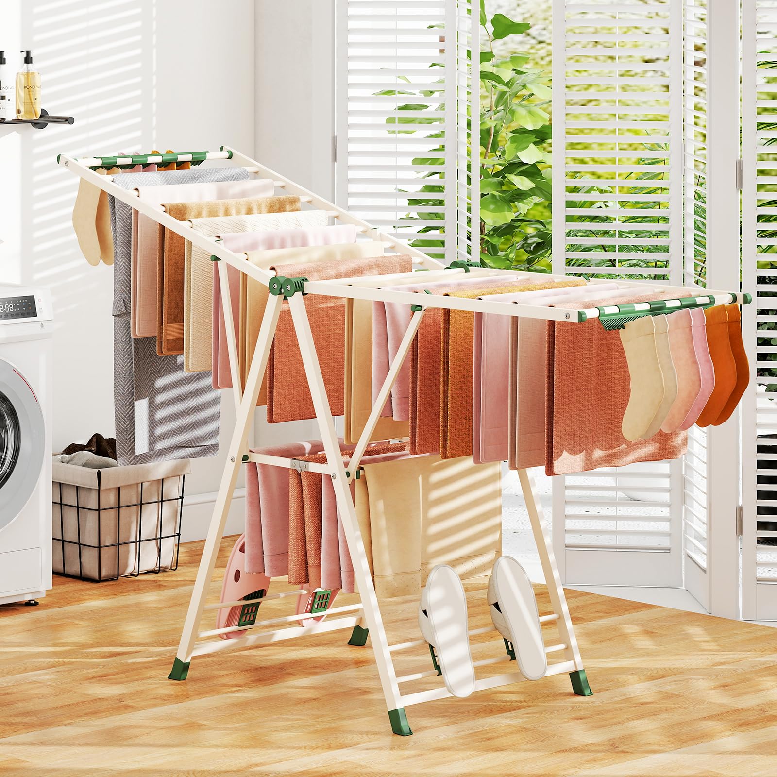COSTWAY Etendoir Linge Pliable, Sechoir a Linge Pliable 20 Barres, Cadre en Acier, Hauteur Réglable 99-168 cm, Pinces à Chaussettes, 4 Porte-Chaussures, Tancarville Linge Intérieur (Beige,184 cm)