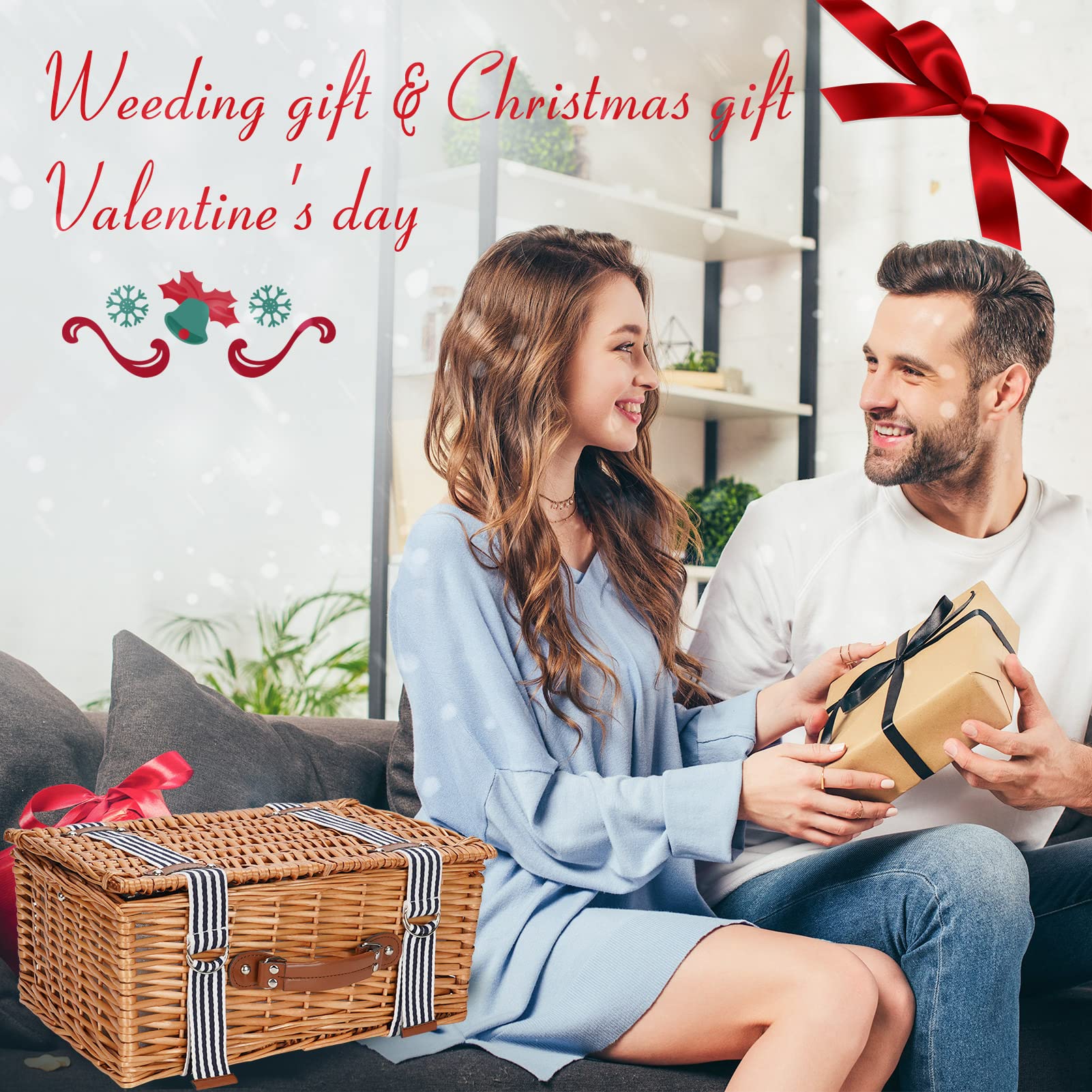 Cesta de pícnic para 2 personas, juego de cestas de pícnic de mimbre hechas a mano con nevera isotérmica y juego de cubiertos, cesta de regalo para parejas, Día de San Valentín, Día de Acción de