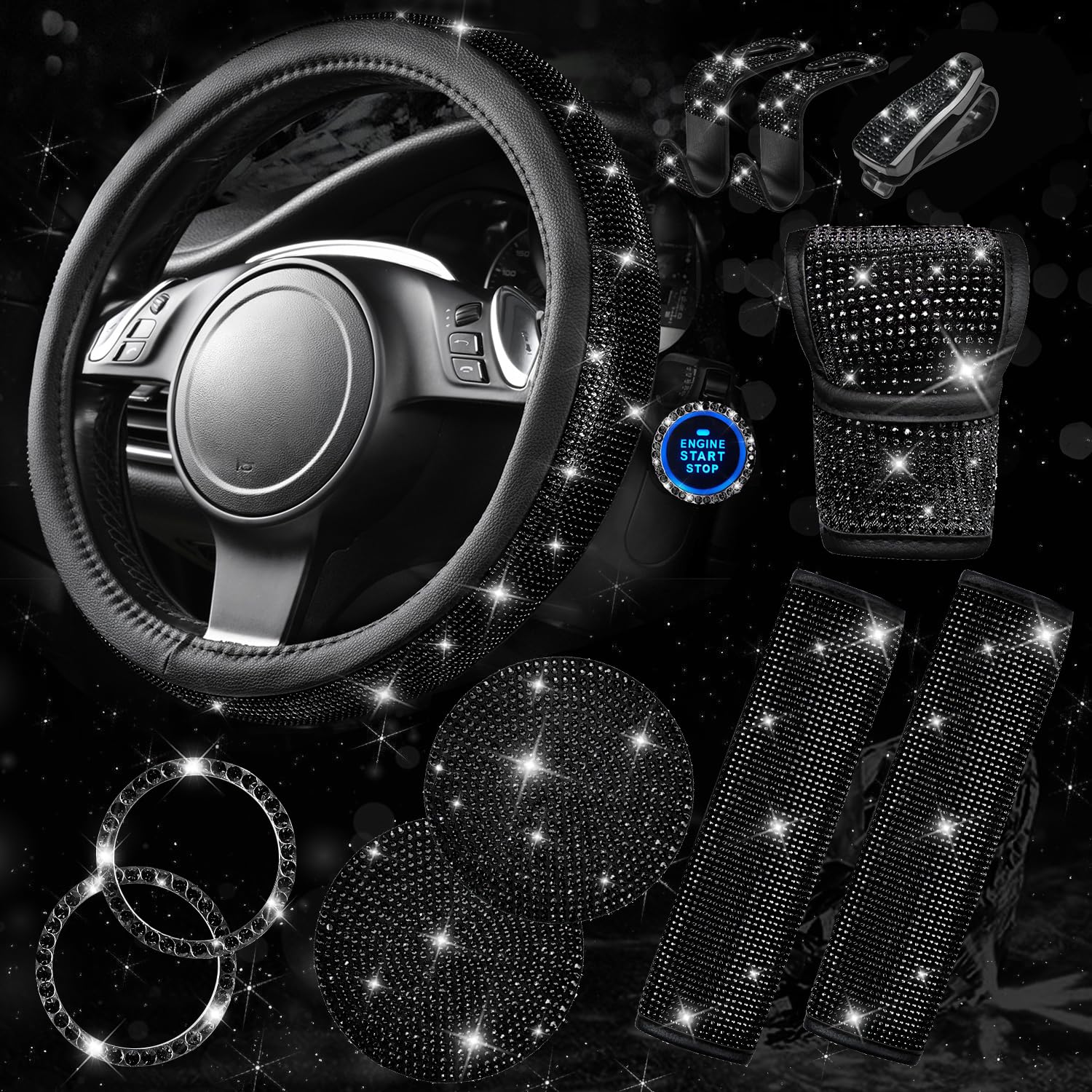 CAR PASS 11 PCS Bling Diamond Car Accessories for Women Sparkly Rhinestone Steering Wheel Cover Bling Seat Belt