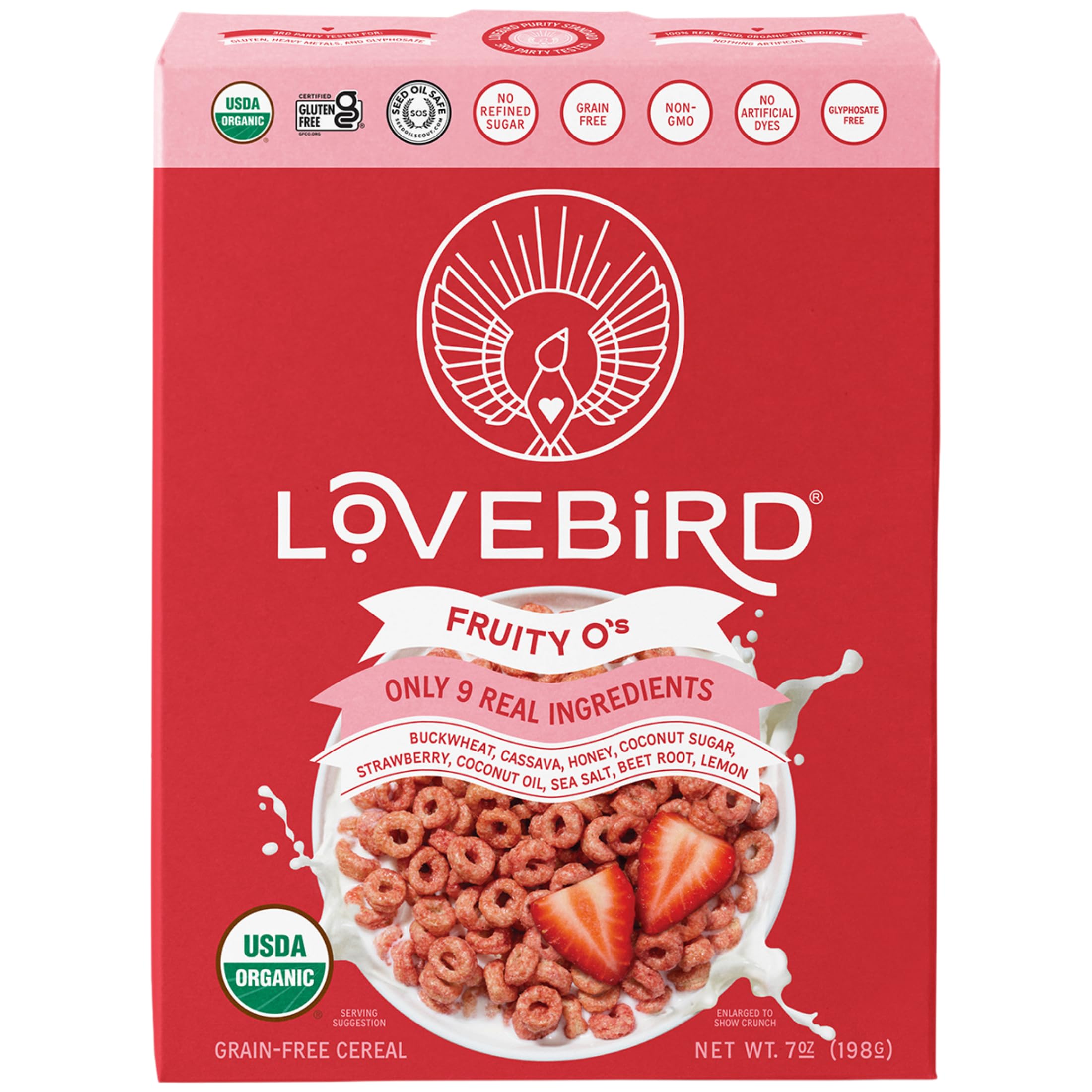 Lovebird, Cereal Grain Free Strawberry Organic, 7 Ounce
