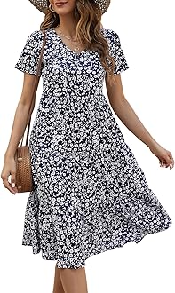 BerydressWomen's Casual Summer Tiered Midi Dress 2025 Short Sleeve V-Neck Loose Cotton Ruffle Babydoll Dress Boho Sundress
