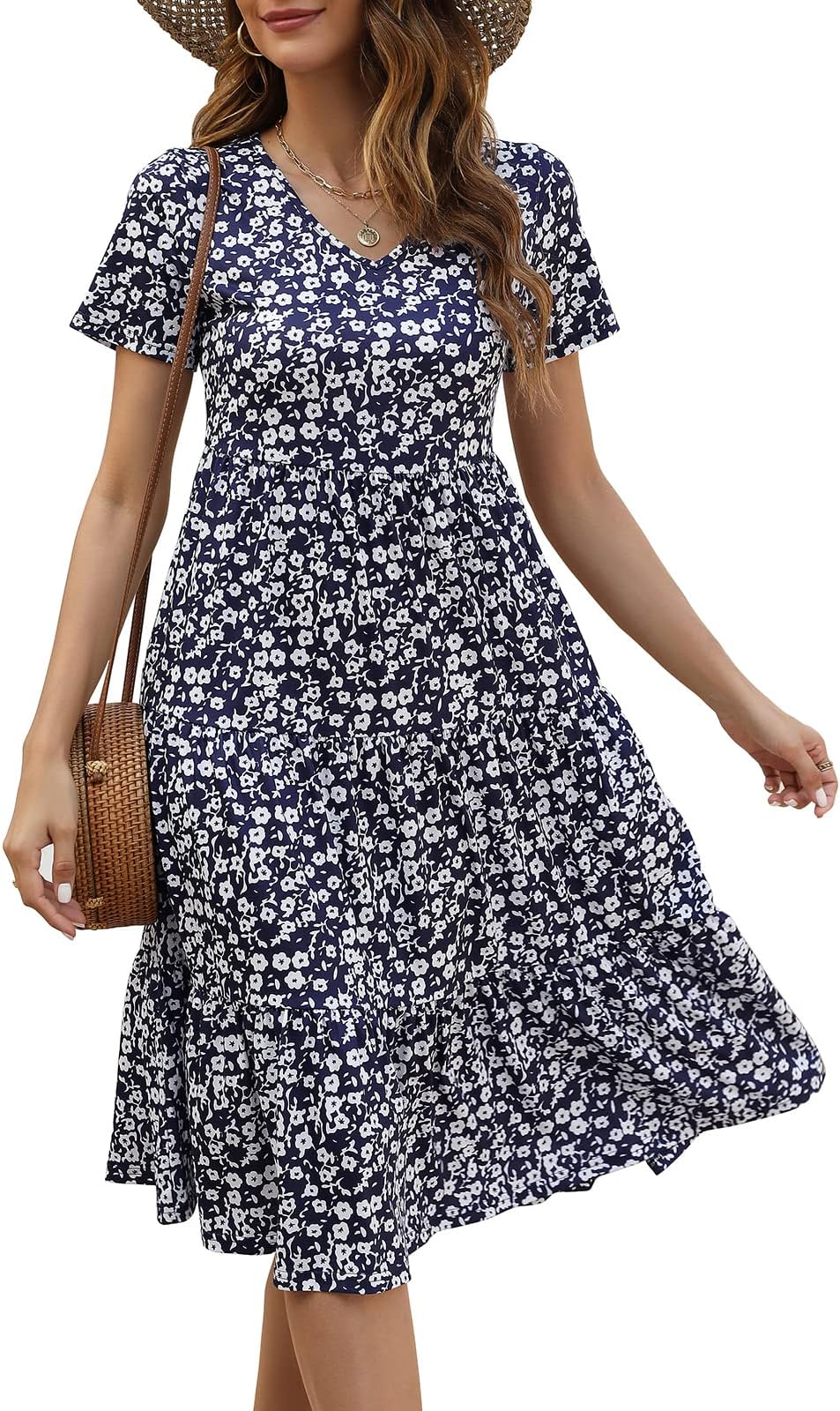 Women's Casual Summer Tiered Midi Dress 2025 Short Sleeve V-Neck Loose Cotton Ruffle Babydoll Dress Boho Sundress