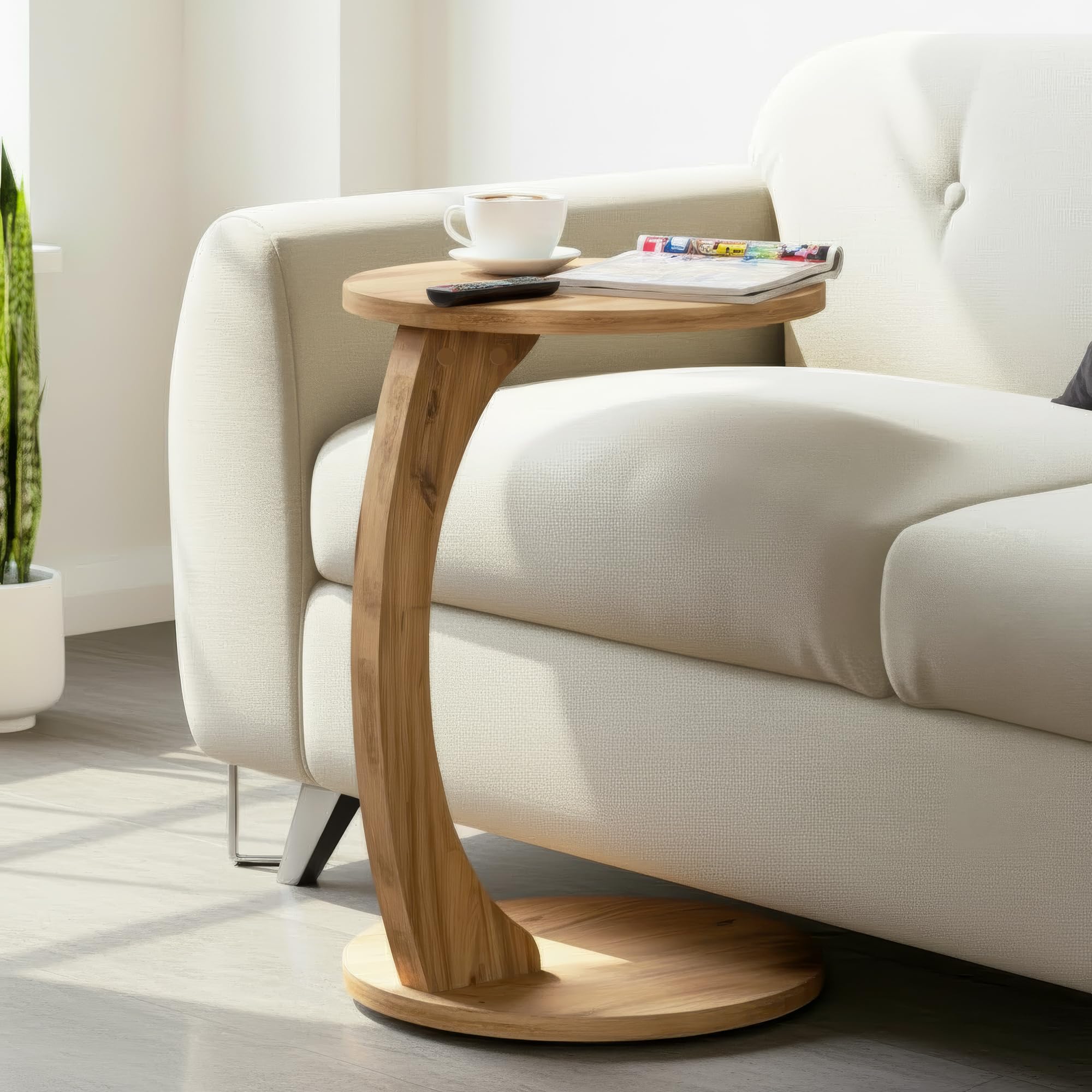 Beistelltisch C-Form, Sofatisch mit Rollen, Couchtisch rund Holz Optik, Laptoptisch Couch, 56 x 38 cm (Oak, C-Form Rund)