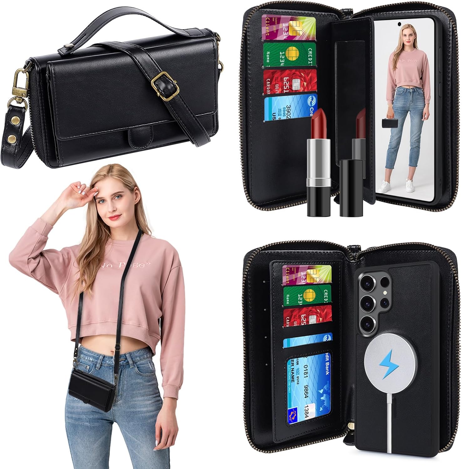 Lacass for Samsung Galaxy S24 Ultra Detachable Crossbody Wallet Case, Compatible with MagSafe Magnetic 2 in 1 RFID Blocking PU Leather Wallet Cover Card Holder Zipper Make Up Mirror (Black)