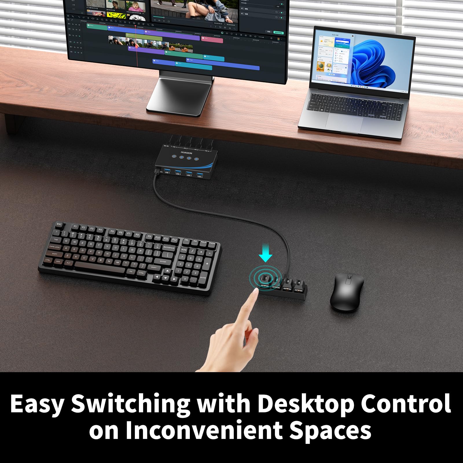 Interruptor USB 3.0, 4 ordenadores, compartiendo 4 periféricos USB, mouse, teclado, escáner, impresora con conector de auriculares de 3,5 mm, salida de audio, incluye 4 cables USB 3.0 y controlador de