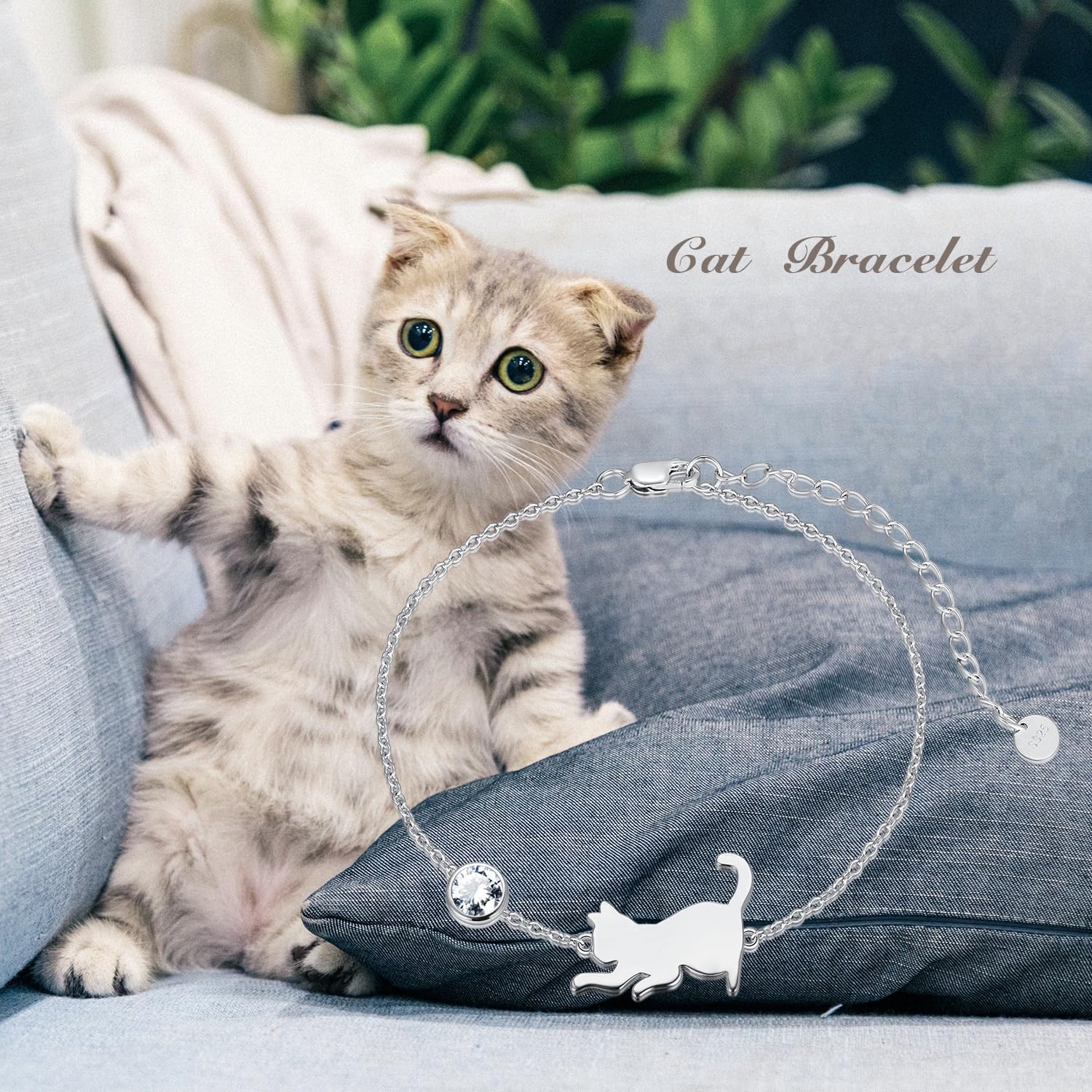 LONAGO Pulsera Gato Plata de Ley 925 Linda Gato con Pulsera de Piedra Lunar Joyas para Mujeres