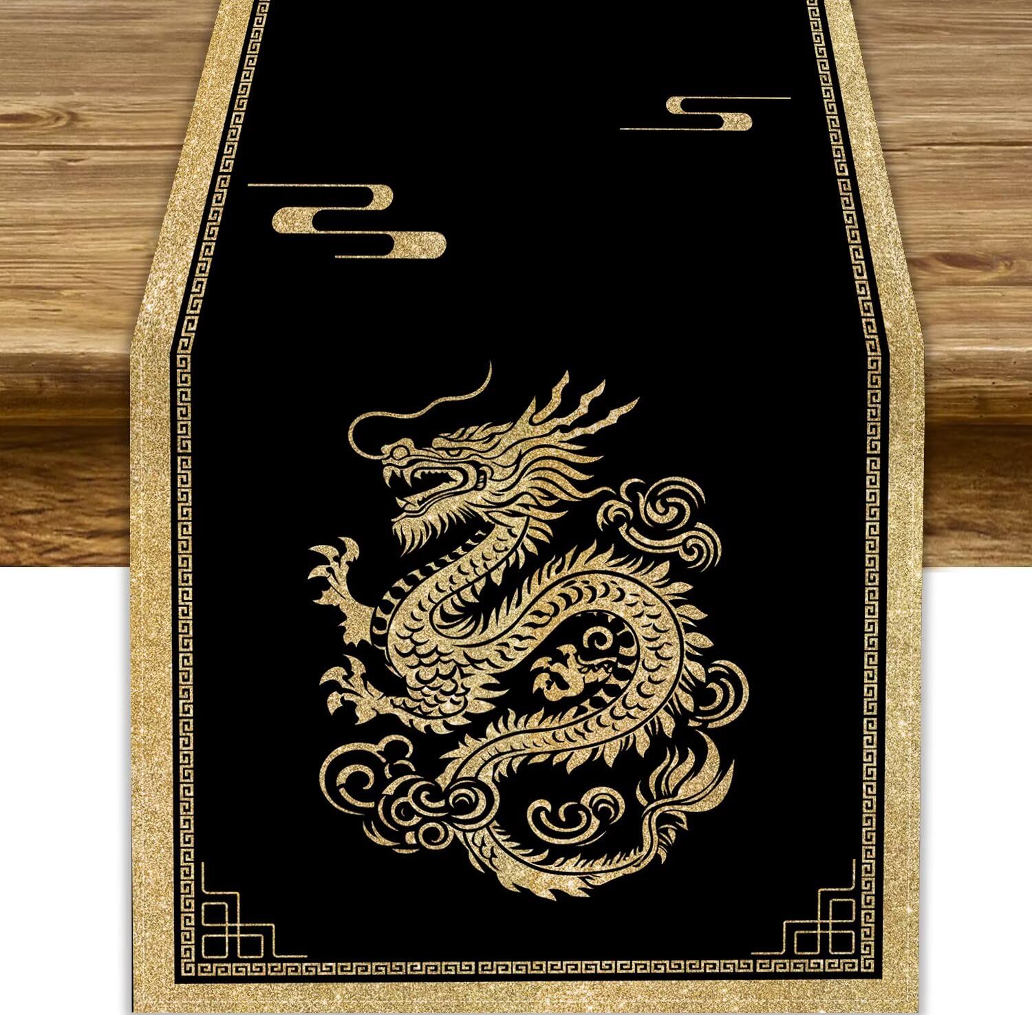 Chinese Dragon Table Runner, Traditional Zodiac Dragon Vintage Japanese Style Black Gold Line Print Dinner Table Decoration for Home Living Room Kitchen Dining Room 13x70in
