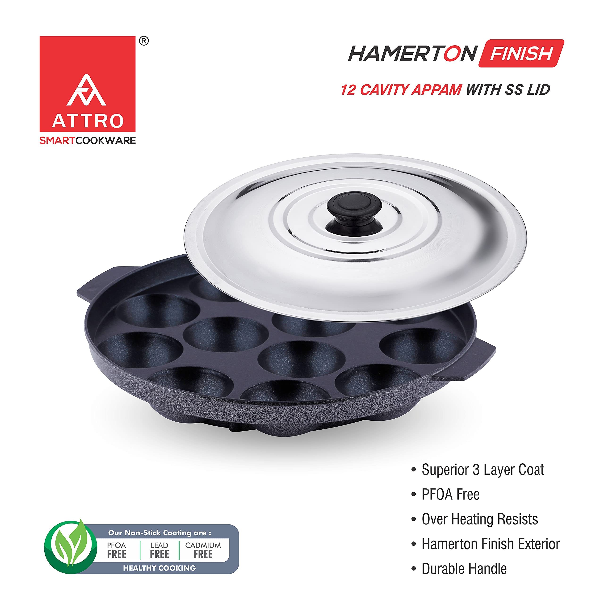 Attro Non-Stick Heavy Duty 12 Cavity Aluminium Appam Patra Paniyarakkal Two Side Handle with Steel Lid and Wooden Picker (Black)