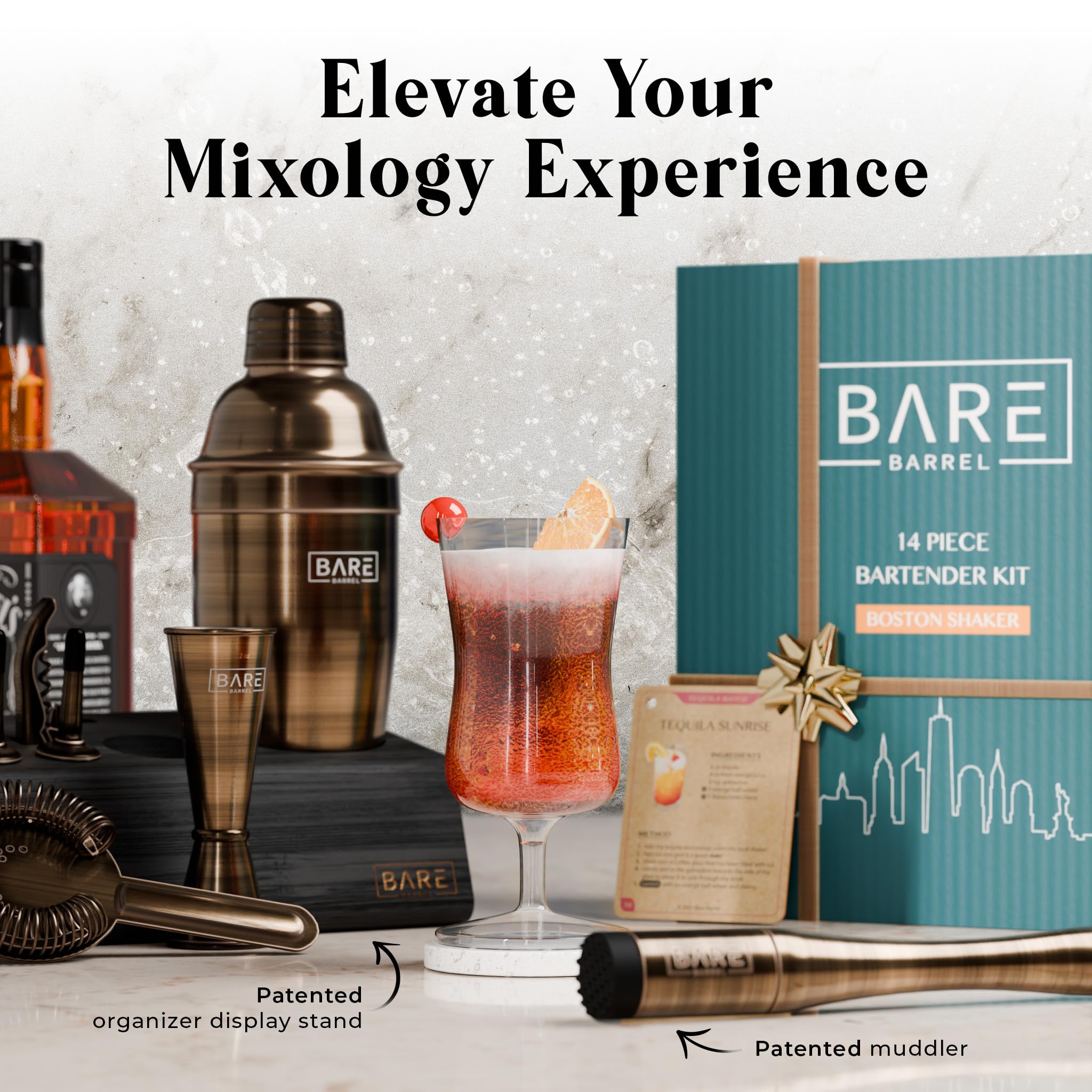 BARE BARREL® Mixology Bartender Kit Bar Set | 14-Piece Cocktail Shaker Set | Martini Barware Mixing Tools for Home Bartending | Incl. 35 Recipe Cards | Gift Set (24oz Cobbler Shaker, Brass/Black)