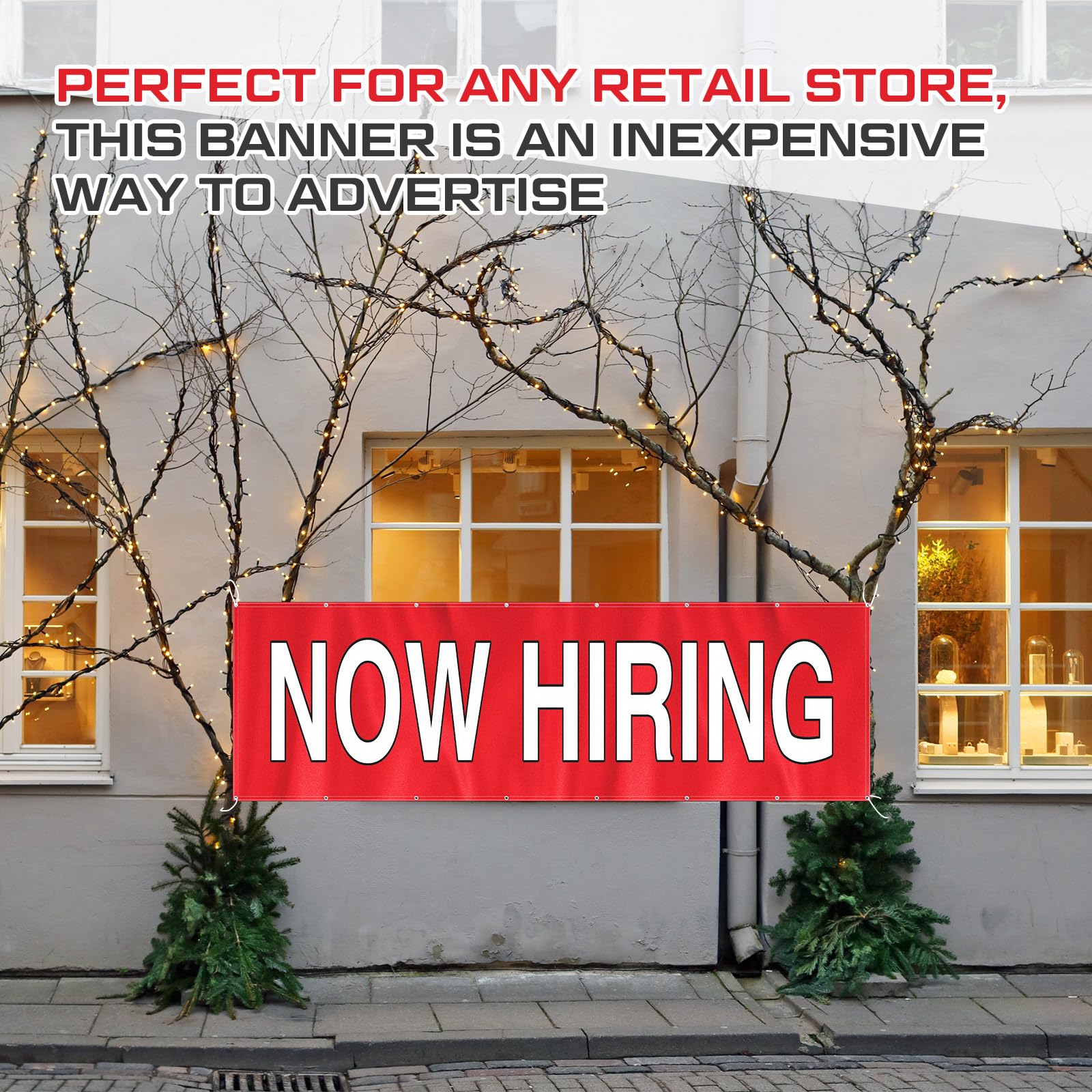 HunnmingRe Now Hiring Banner - Letreros de contratación de 3 x 10 pies, color rojo y blanco, letreros de contratación para interiores y exteriores, tela satinada de una sola cara con ojales de metal