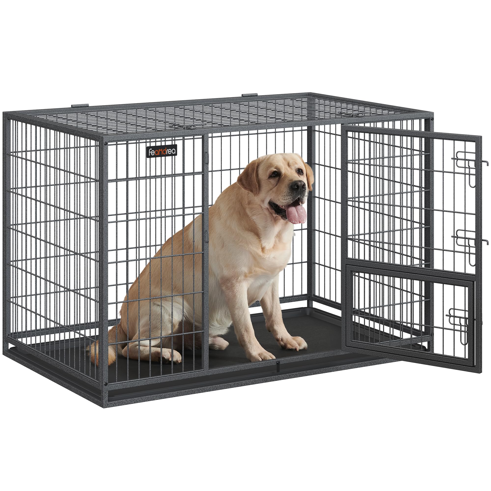 Feandrea Jaula Pesada para Perros, Jaula de Mascotas, 122 x 75,5 x 80,5 cm, para Perros Medios y Grandes, Antiescape, Doble Puerta Extraíble, Parque, XXL, Gris PPD003G01