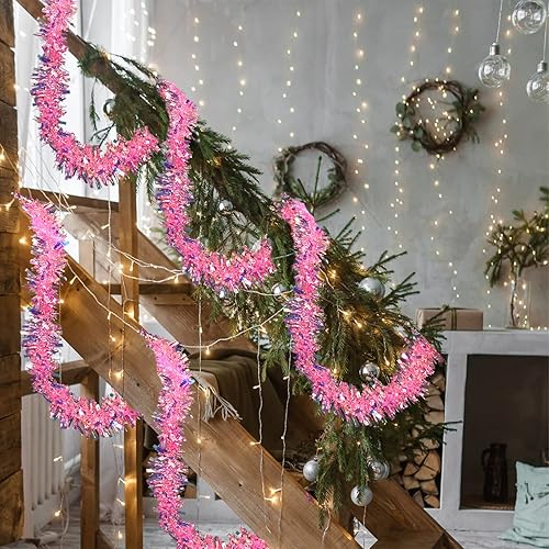 Vista 34 de Guirnalda de oropel de Navidad de 20 pies / 19.7 ft, guirnalda colgante metálica iridiscente para árbol de Navidad, chimenea, chimenea, decoración