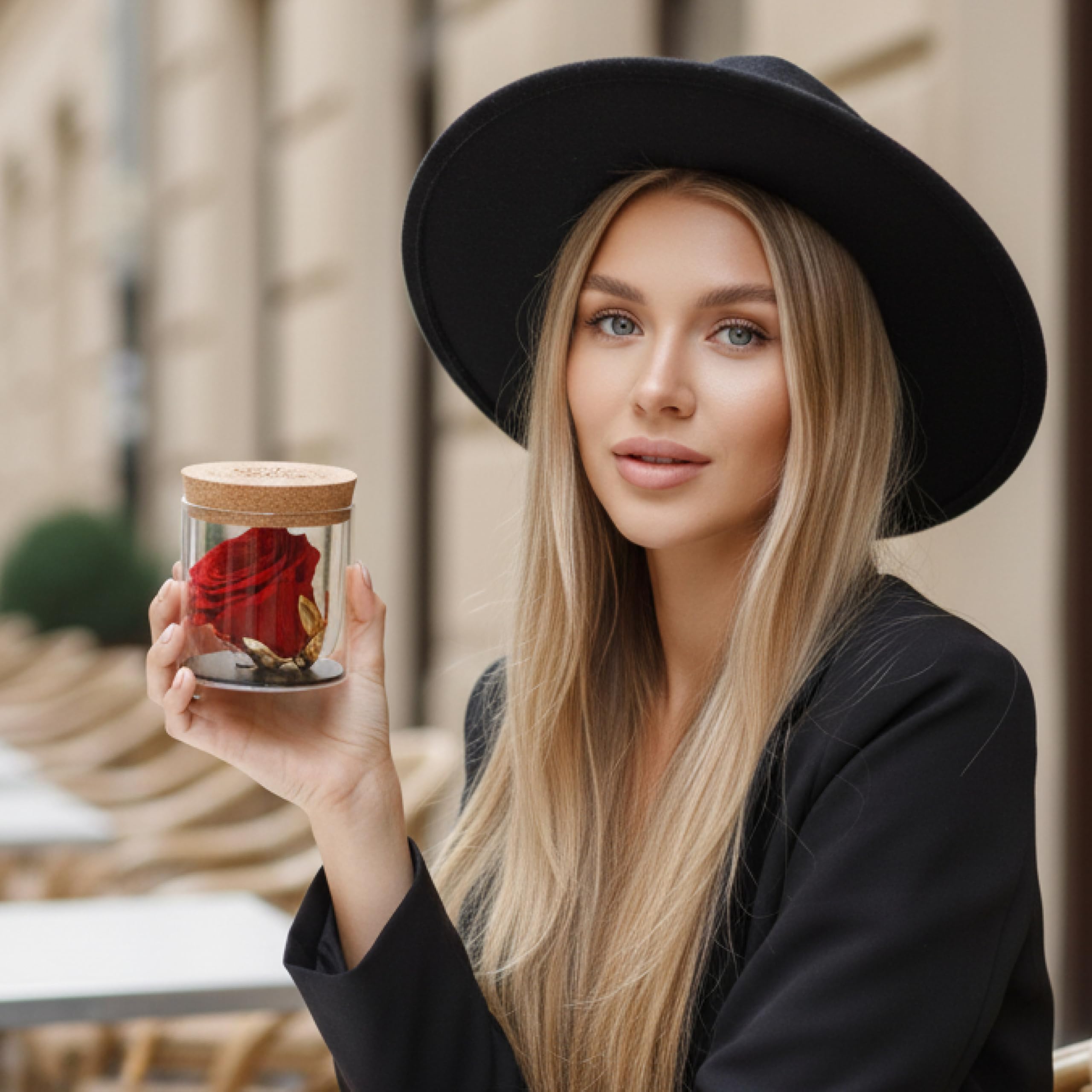 Amoroses Bijou - Rosa Eterna Estabilizada con Cáliz Chapado en Oro 24K en Frasco de Cristal | Idea de Regalo (Rosa Roja)