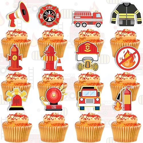 Miniatura 3 de Whaline 72 piezas de decoración para cupcakes con temática de bombero, 12 diseños, camión de bomberos, palillos de cupcake de bomberos, rescate de
