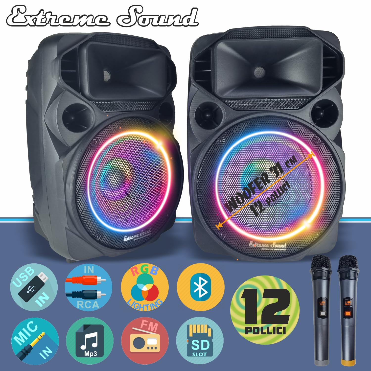 Extreme Sound Coppia Casse Audio Attiva e Passiva DJN 12 con coppia Microfoni Wireless,Bluetooth, 2000W Potenza Musicale - Perfette per Karaoke, Feste ed Eventi - Altoparlanti da 31 Cm, luci led