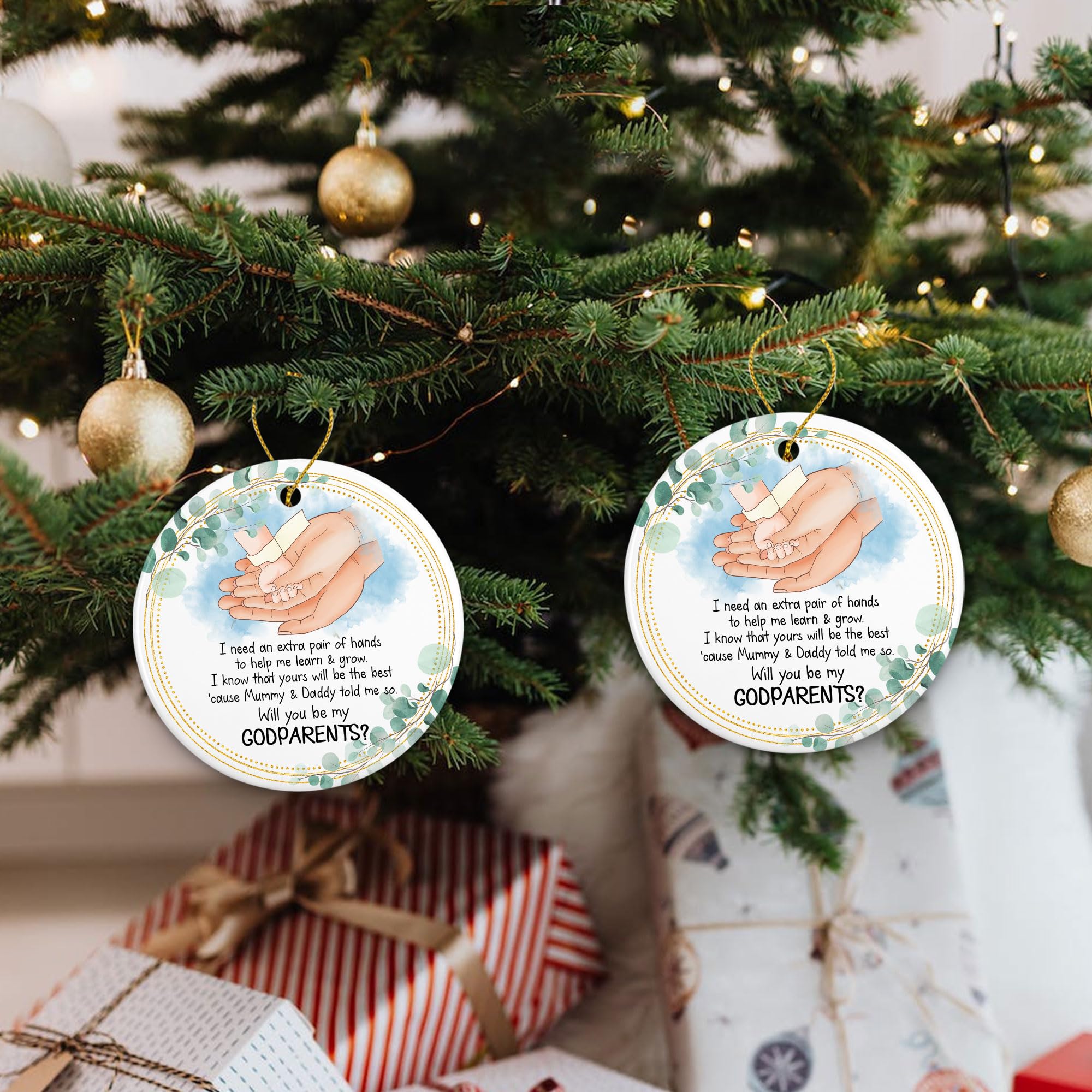 Will You Be My Godparents - Regalo De Propuesta De Dios Padrinos, Adorno De Propuesta De Regalo De Bautismo, Adornos De Navidad De Cerámica Con Cinta Y Caja De Regalo