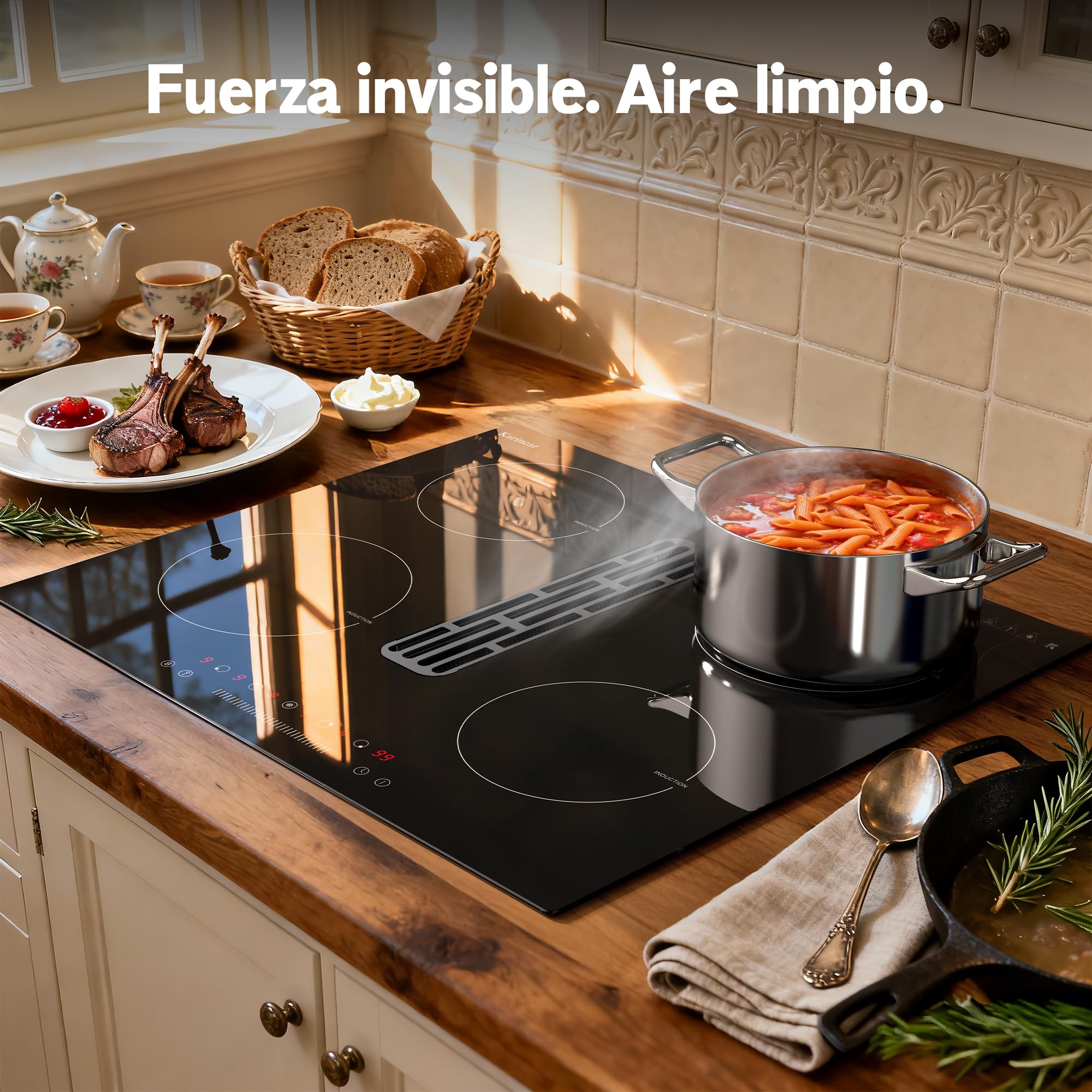 Karinear Placa Inducción 4 Fuegos con Extractor Integrado, Empotrable 60cm | Temporizador, Función Boost, Placa de Inducción de 6400 W con Extracción de 135 W, 220-240 V, sin Enchufe