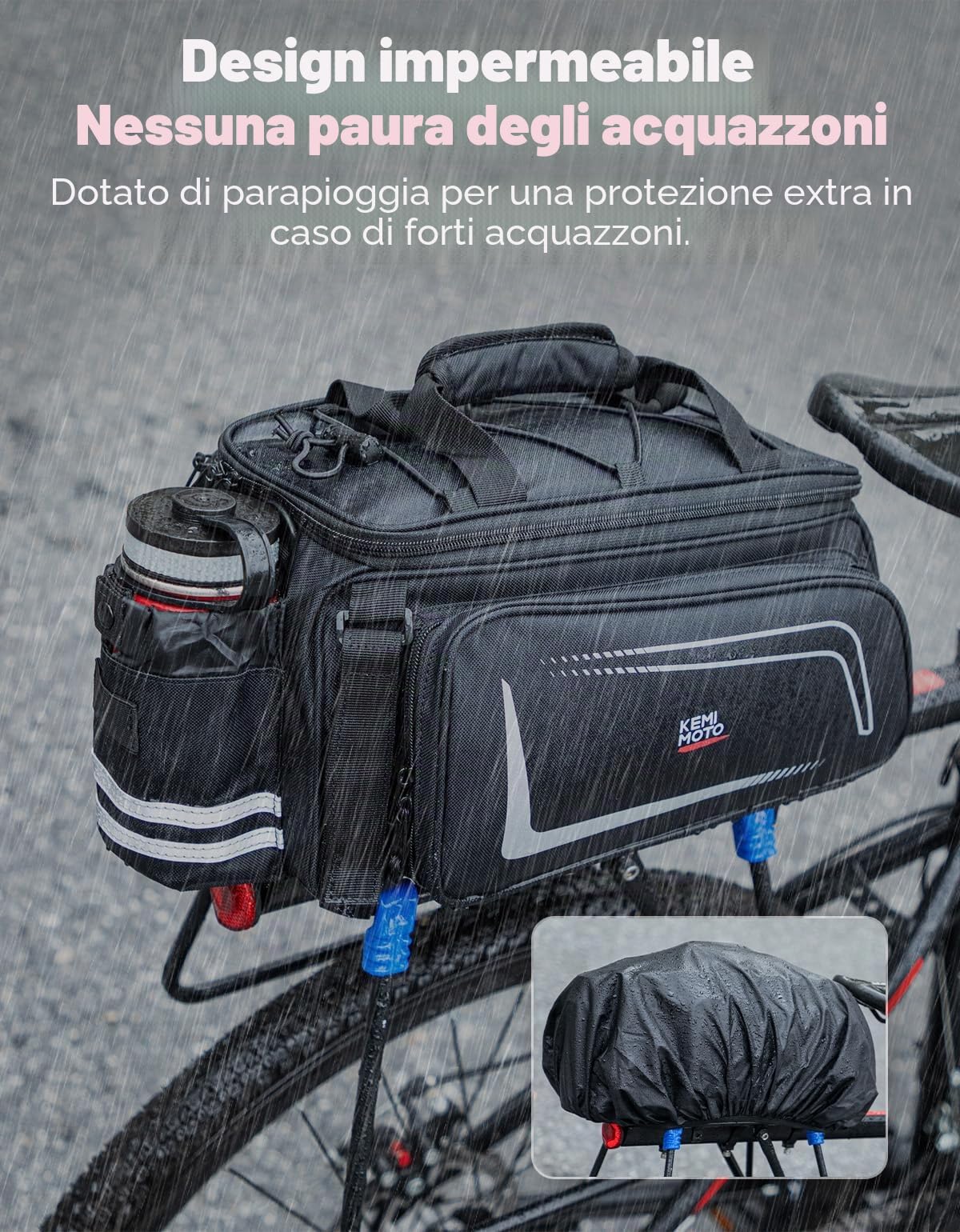KEMIMOTO 2 IN 1 Borse per Bici, 9L-15L Borse Bici Posteriore Laterali Espandibile con Tracolla, Borsa per Bicicletta Impermeabile con Copertura Anti-Pioggia per Strada Bike Mountain Bike, Nero