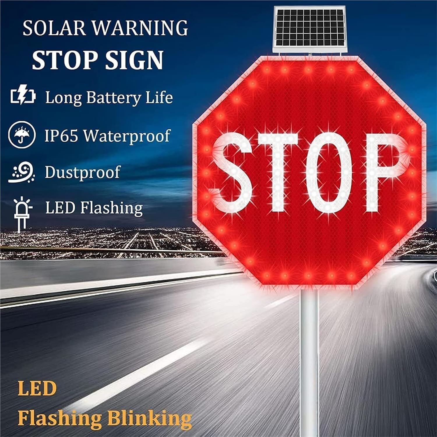 24"/30" Solar-Powered LED Blinking Stop Sign - Aluminum Octagon Flashing Traffic Sign for Road Safety, Street Use, Always On, High Visibility, Durable Warning Signal