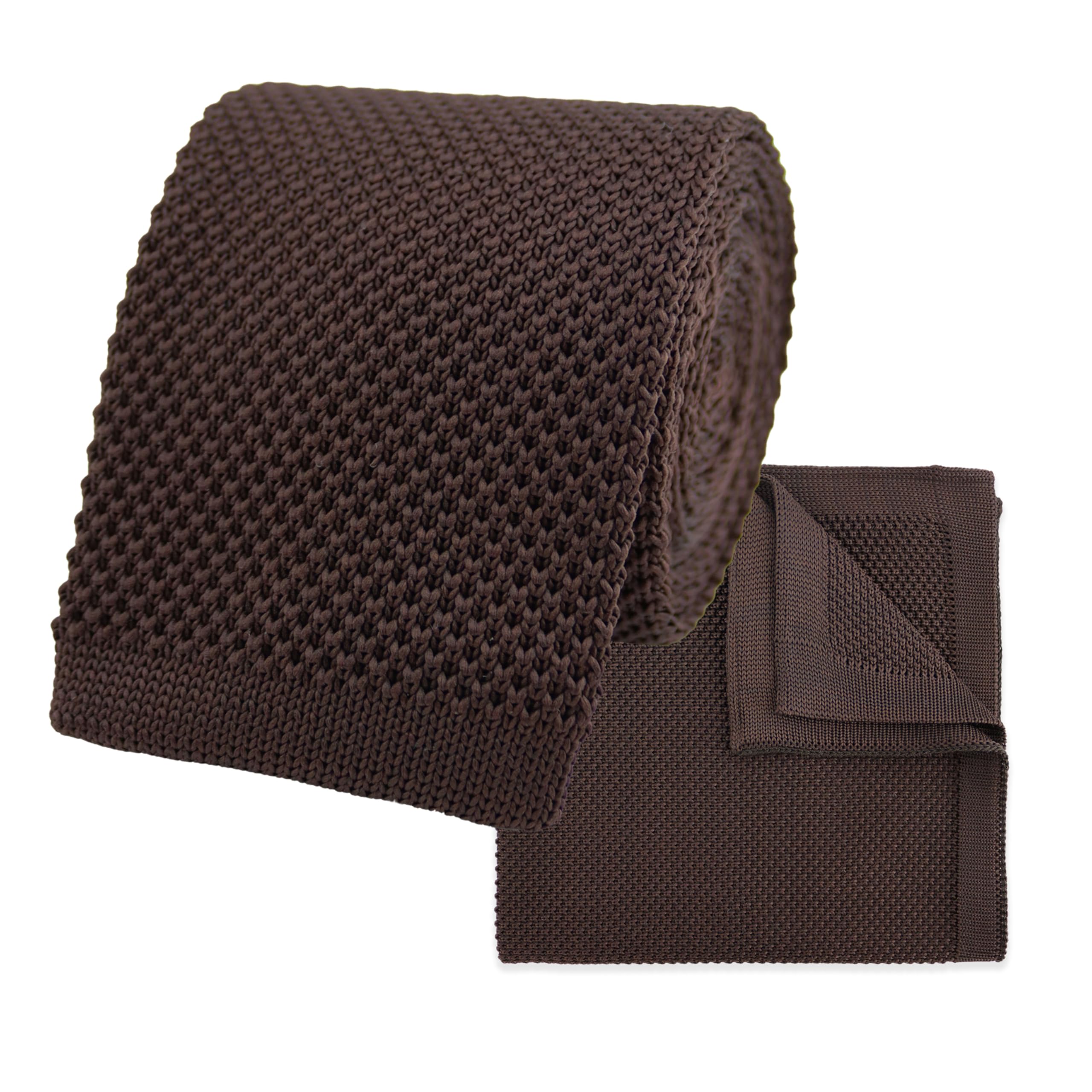 THE GENTS LAB 100% Polyester Square End Knitted Tie & Pocket Square Sets - Many Colours (Dark Brown)