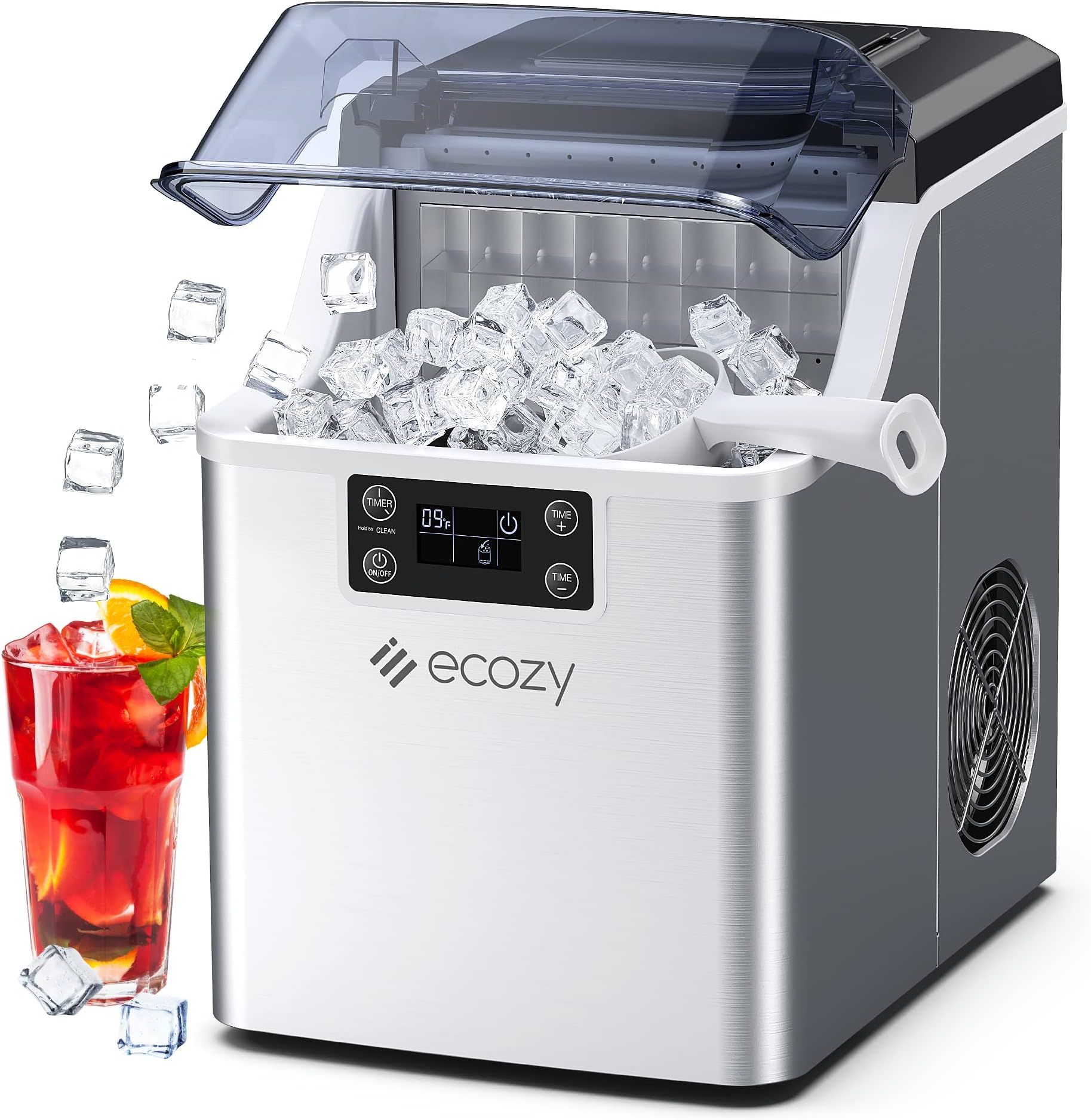 ecozy Countertop Ice Makers, 45lbs Per Day, 24 Cubes Ready in 13 Mins, Stainless Steel Housing, Auto Self-Cleaning Ice Maker with Ice Bags and Ice Scoop for Kitchen Office Bar Party