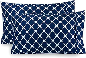 Elegant Comfort Luxury Ultra-Soft 2-Piece Pillowcase Set - 1500 Premium Hotel Quality Microfiber Double Brushed - Wrinkle Resistant, King Size, Bloomingdale Pattern Navy Blue