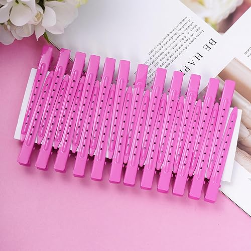 Miniatura 4 de Bantoye - Paquete de 24 pinzas de pato, 3.35 pulgadas de metal inoxidable con agujeros para peinar el cabello, coloración del cabello, rojo rosa