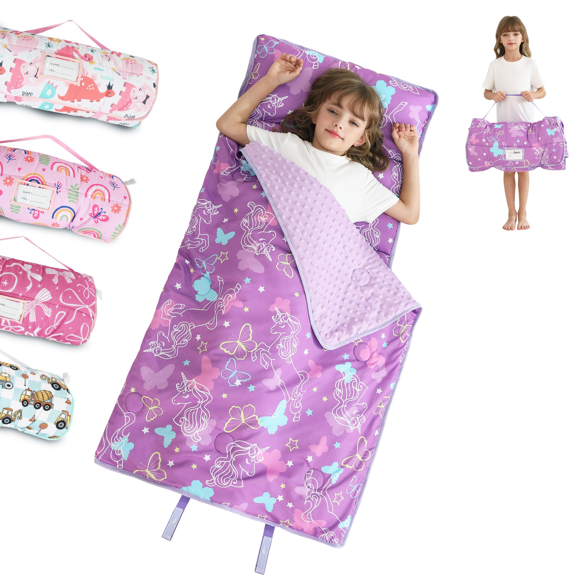 Toddler Nap Mat for Preschool 50x30 Sleeping Mat with Removable Pillow and Minky Blanket for Kids Ages 3-7