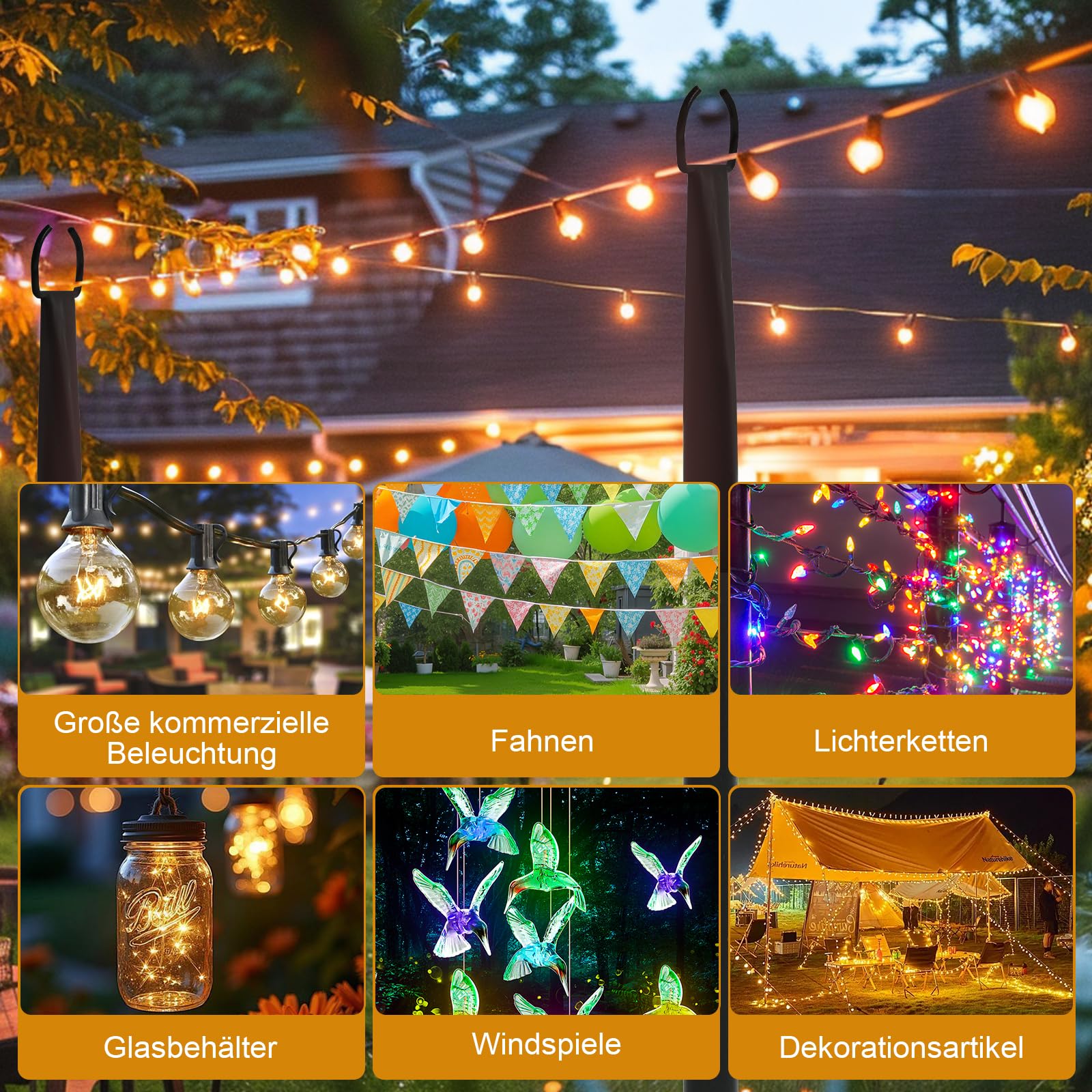 Lot de 4 guirlandes lumineuses de 3 m - Crochet de berger de jardin pour guirlandes lumineuses en extérieur - En métal - Avec fourchette - Support de guirlande lumineuse d'extérieur pour