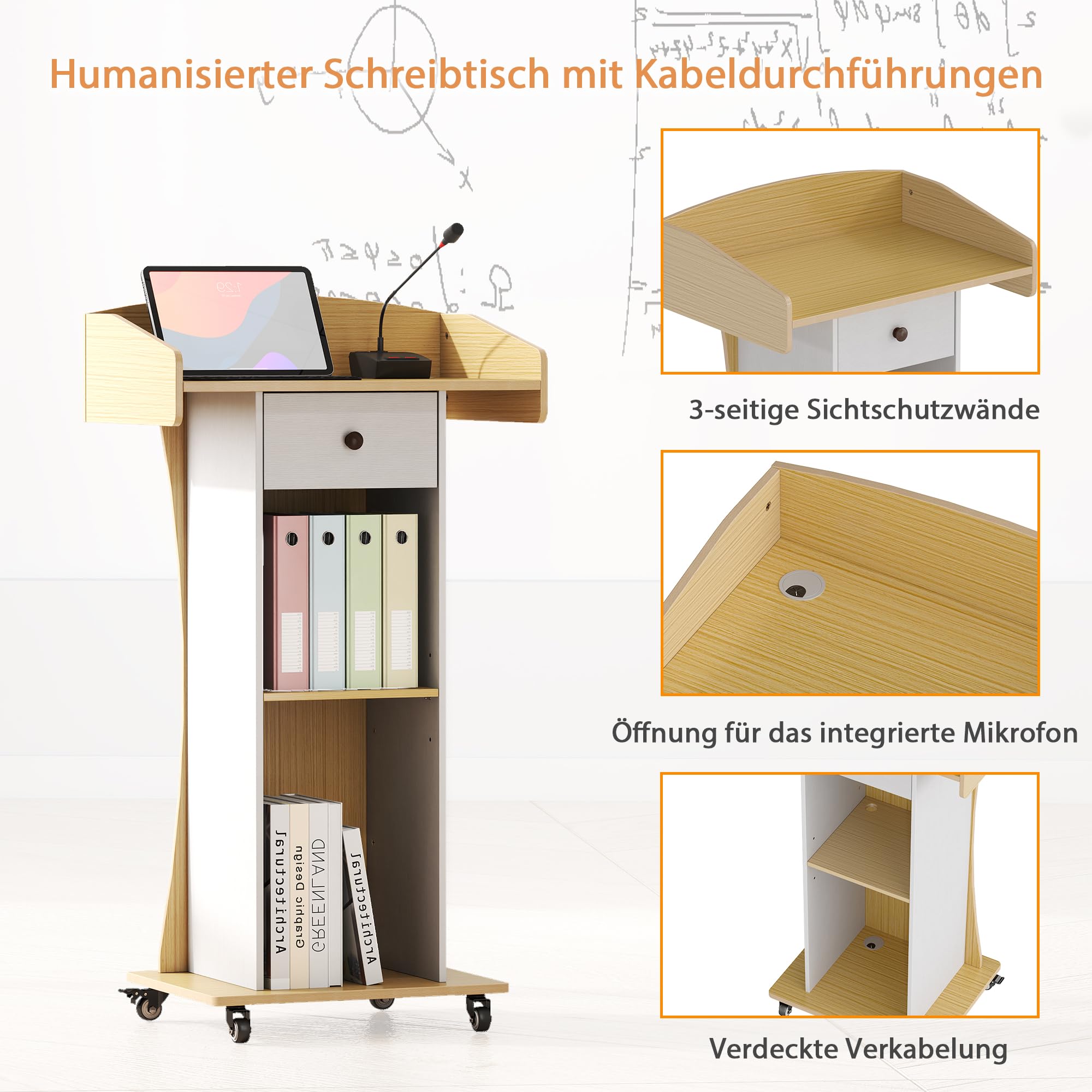 Quikraen Stehpult mit Rollen, Holz + Weiß