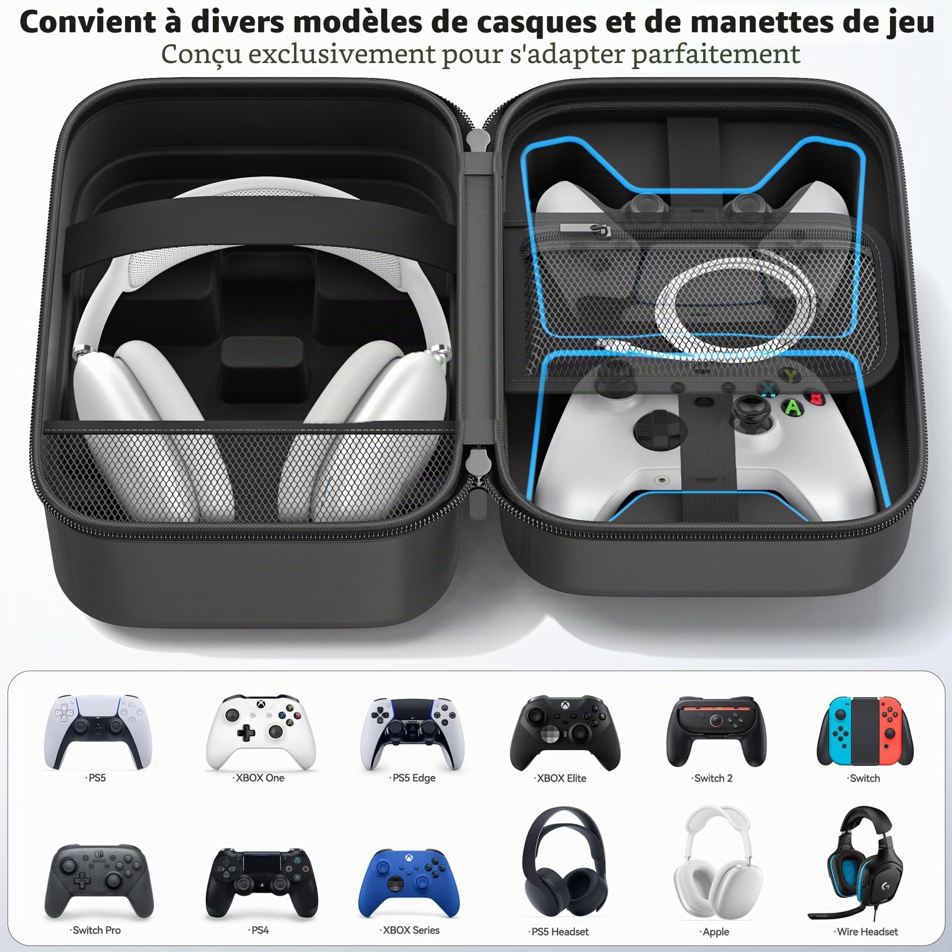 Étui de Transport Switch Universel Grande Capacité, Pochette Switch pour Casque Audio et Manettes de Jeu, Poches de Rangement et Protection Léger et Portable pour Accessoires Gaming (Noir)