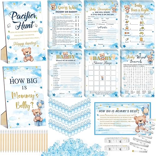 Sherr 424 piezas de suministros para juegos de baby shower, 6 juegos de 300 tarjetas de actividades, 1 letrero de caza de chupete, 50 chupetes