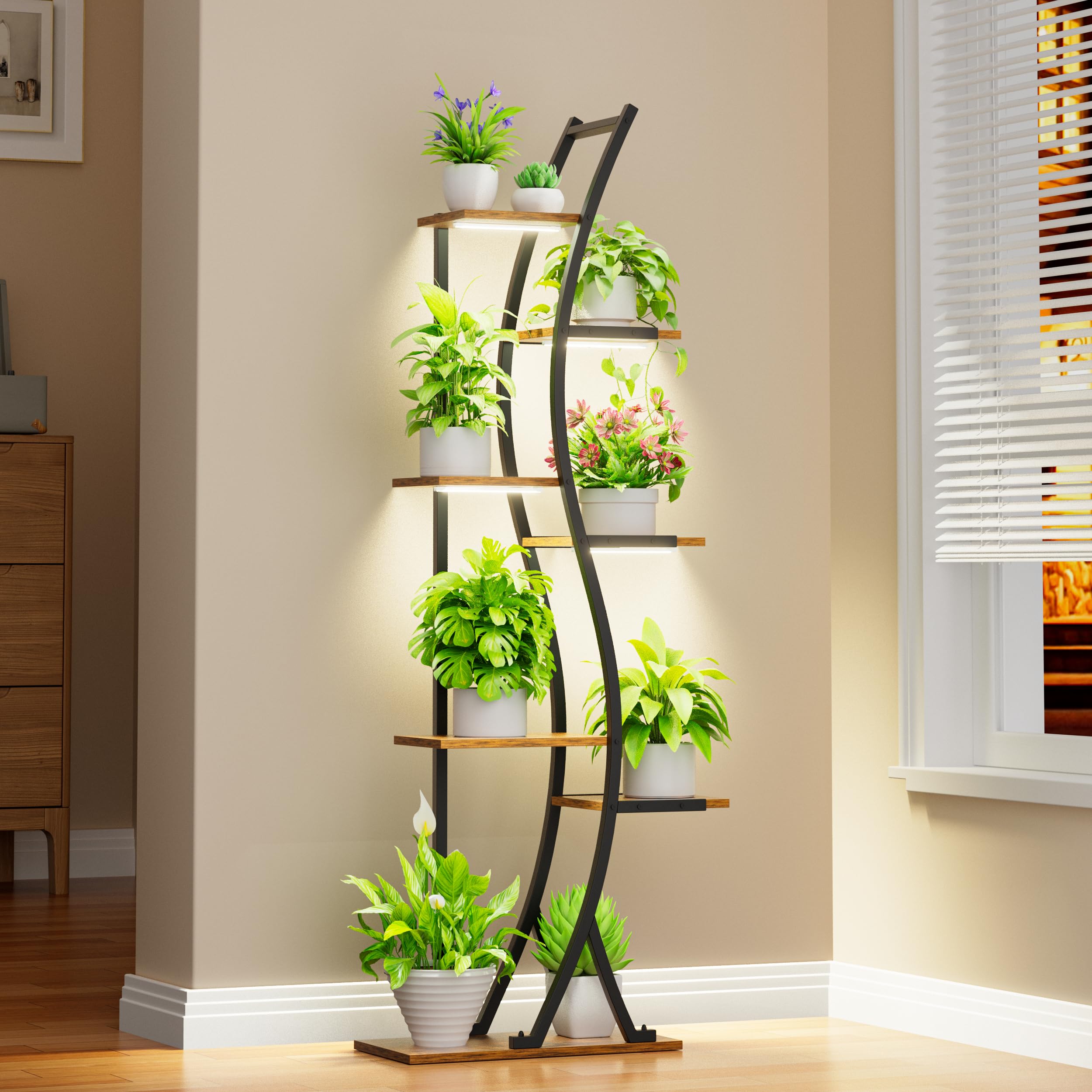 JUSTOGO Support de fleurs avec lumières de croissance - Étagère d'intérieur à 7 étages en bois et métal - 160 cm - Grande étagère pour salon, balcon, chambre à coucher