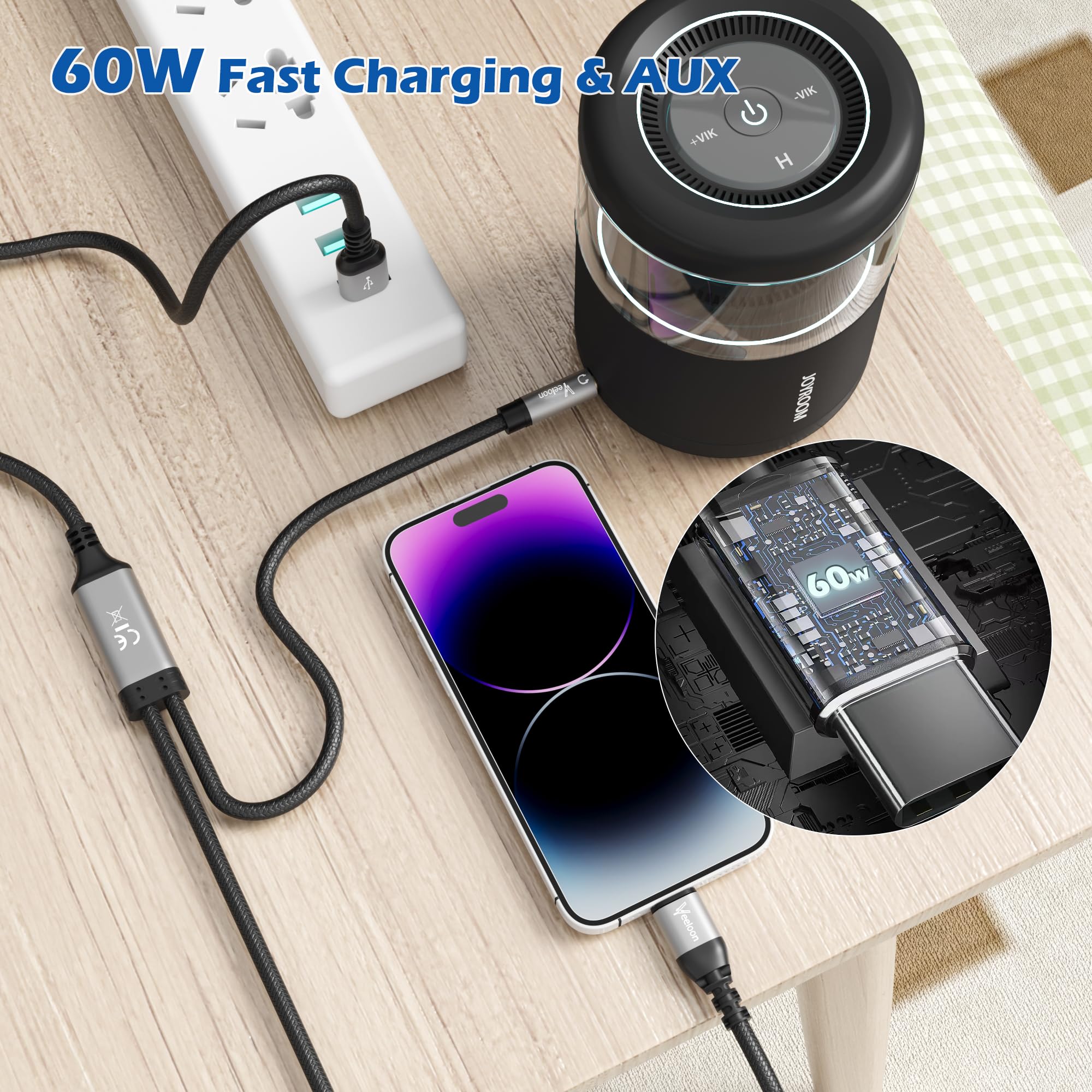Cavo da USB C a AUX da 3,5 mm con ricarica rapida da 60 W, 2 in 1 da USB C a jack AUX da 3,5 mm per autoradio con cavo di ricarica PD da 60 W di tipo C, 1,5 m, compatibile con iPhone 16/15/Pro, Galaxy